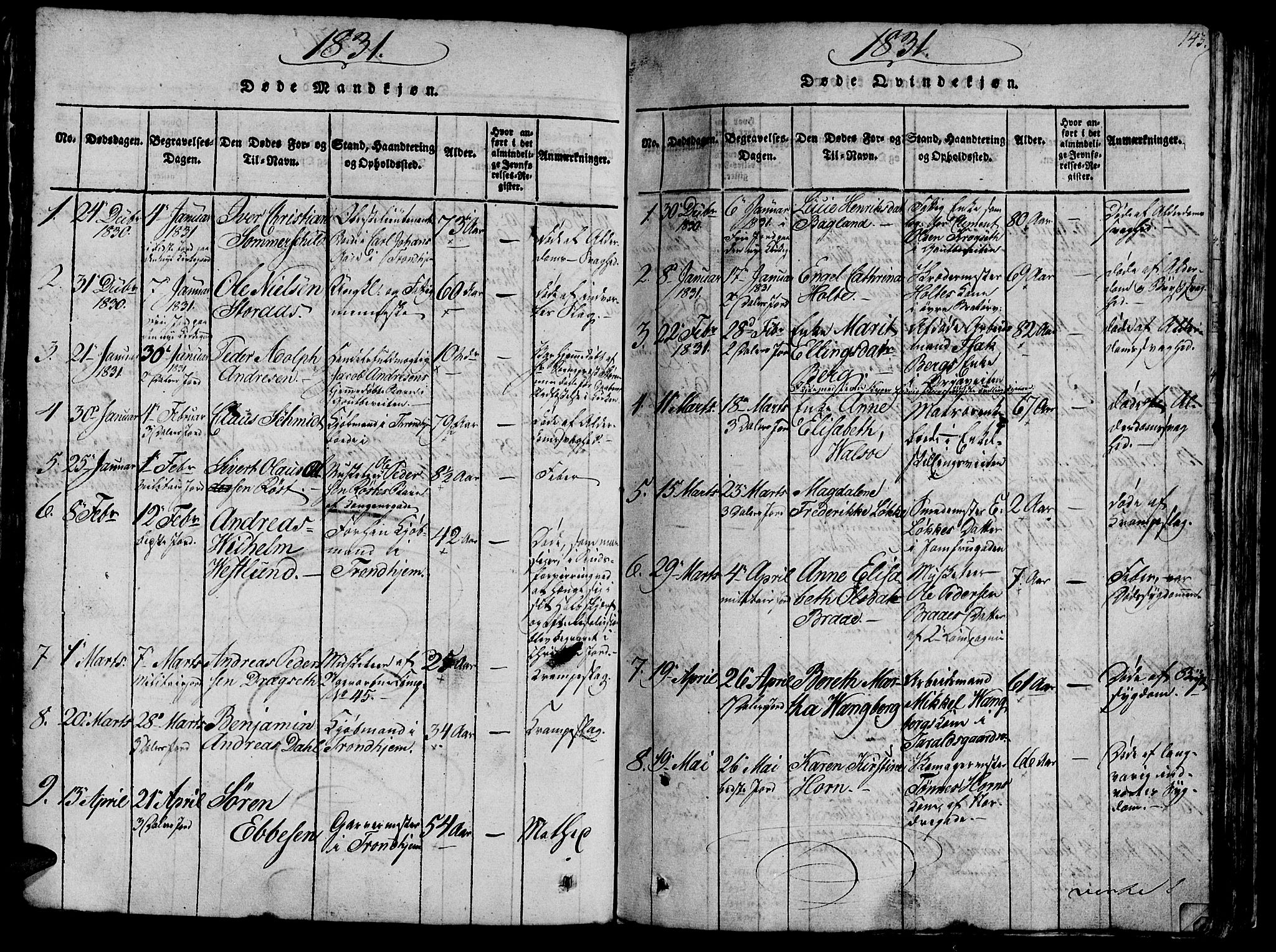 Ministerialprotokoller, klokkerbøker og fødselsregistre - Sør-Trøndelag, SAT/A-1456/602/L0135: Parish register (copy) no. 602C03, 1815-1832, p. 143