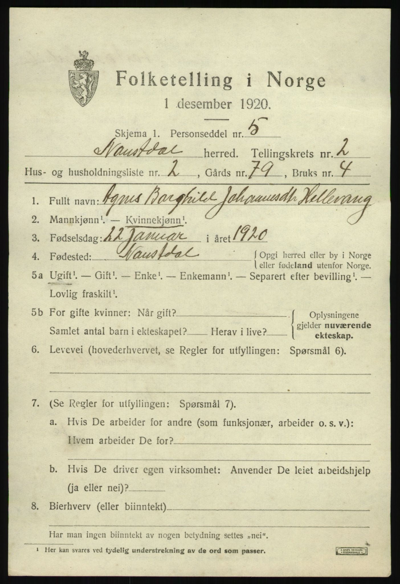 SAB, 1920 census for Naustdal, 1920, p. 1283