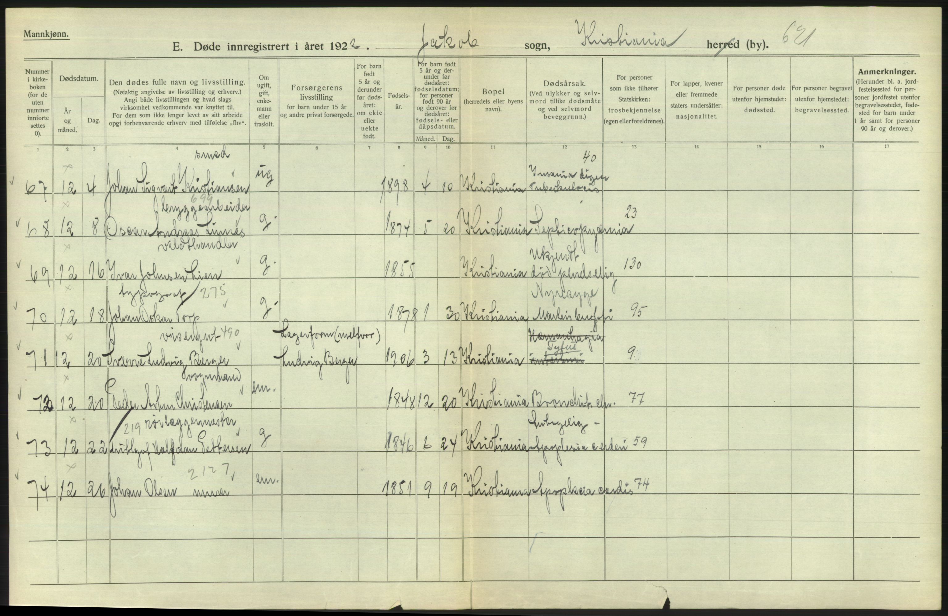 Statistisk sentralbyrå, Sosiodemografiske emner, Befolkning, AV/RA-S-2228/D/Df/Dfc/Dfcb/L0009: Kristiania: Døde, 1922, p. 226