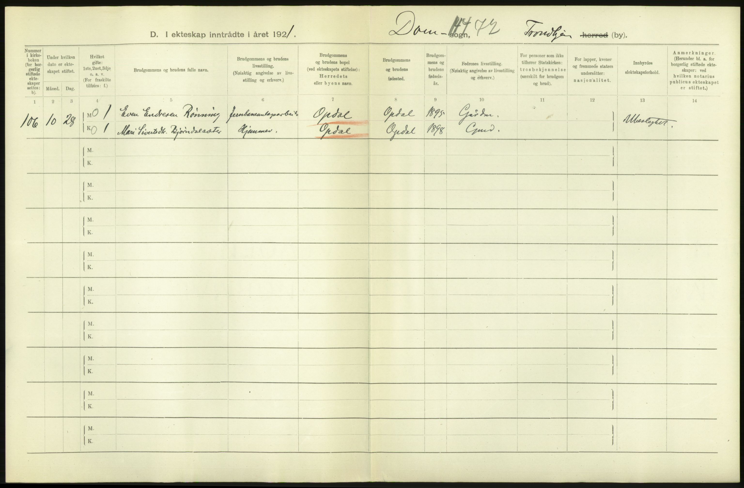 Statistisk sentralbyrå, Sosiodemografiske emner, Befolkning, AV/RA-S-2228/D/Df/Dfc/Dfca/L0045: Trondheim: Levendefødte menn og kvinner, gifte., 1921, p. 12