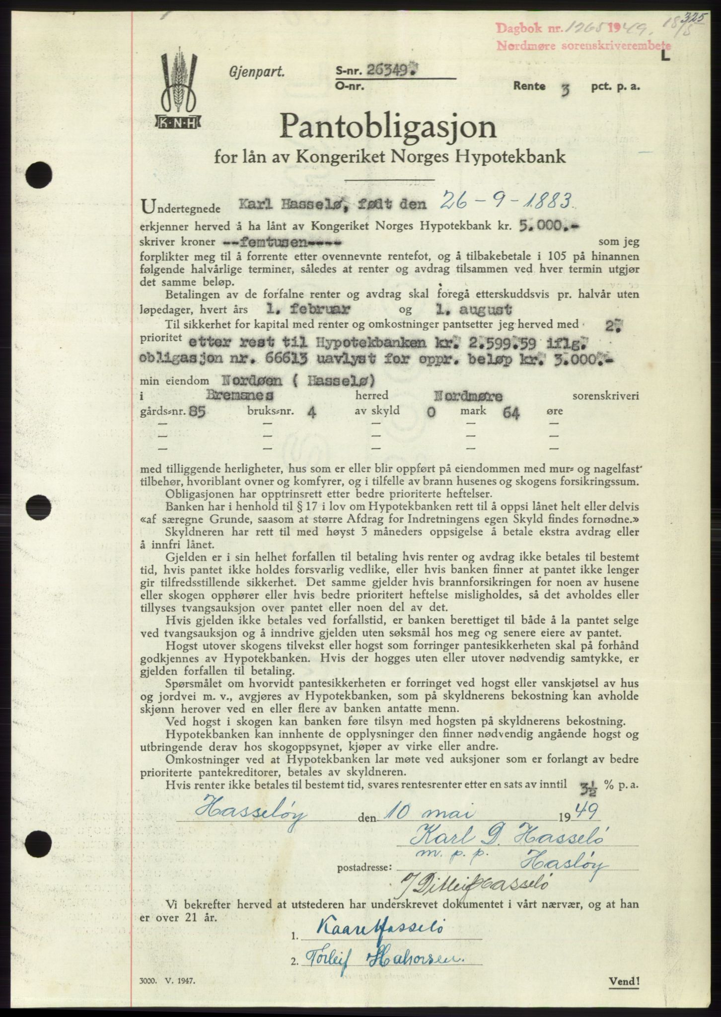 Nordmøre sorenskriveri, AV/SAT-A-4132/1/2/2Ca: Mortgage book no. B101, 1949-1949, Diary no: : 1265/1949