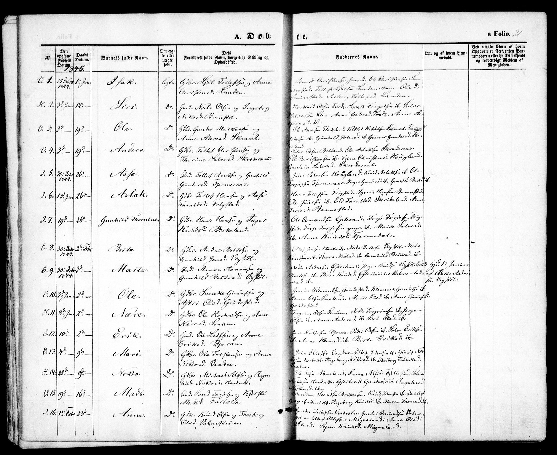 Evje sokneprestkontor, AV/SAK-1111-0008/F/Fa/Faa/L0005: Parish register (official) no. A 5, 1843-1865, p. 21