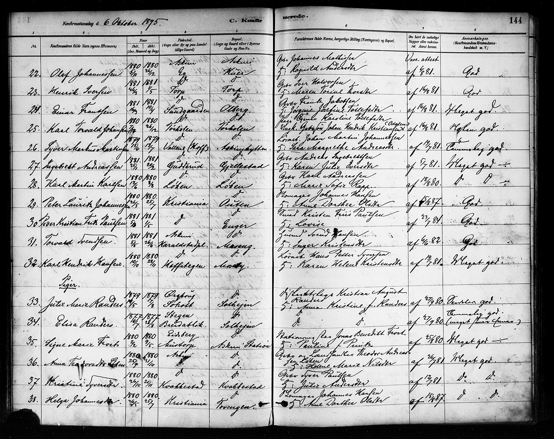 Askim prestekontor Kirkebøker, AV/SAO-A-10900/F/Fa/L0007: Parish register (official) no. 7, 1882-1897, p. 144