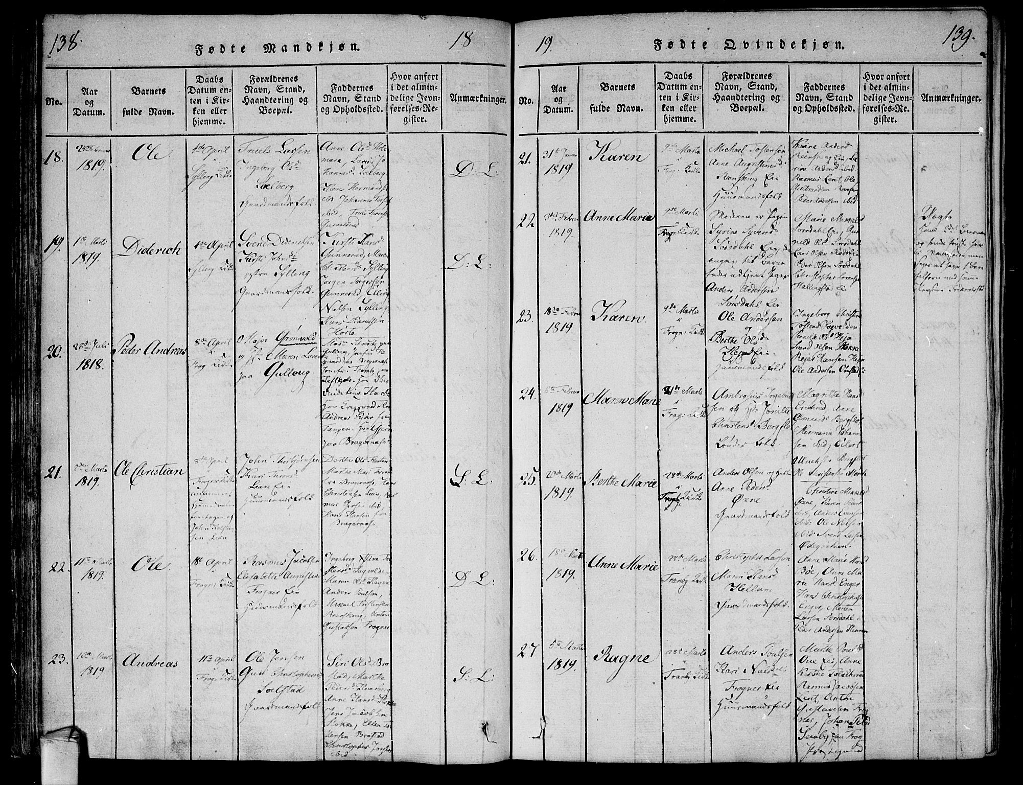 Lier kirkebøker, AV/SAKO-A-230/F/Fa/L0008: Parish register (official) no. I 8, 1813-1825, p. 138-139