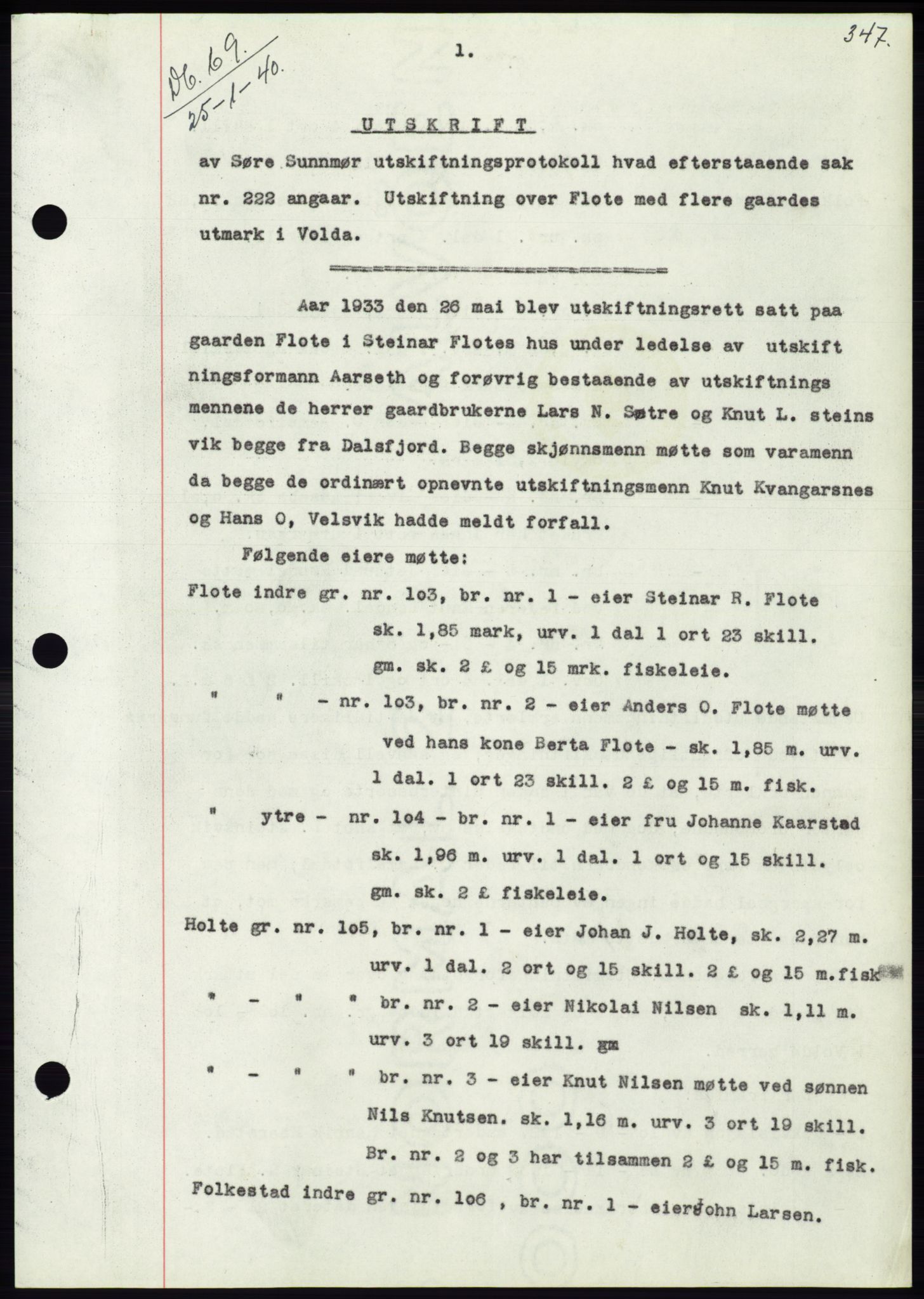 Søre Sunnmøre sorenskriveri, AV/SAT-A-4122/1/2/2C/L0069: Mortgage book no. 63, 1939-1940, Diary no: : 69/1940