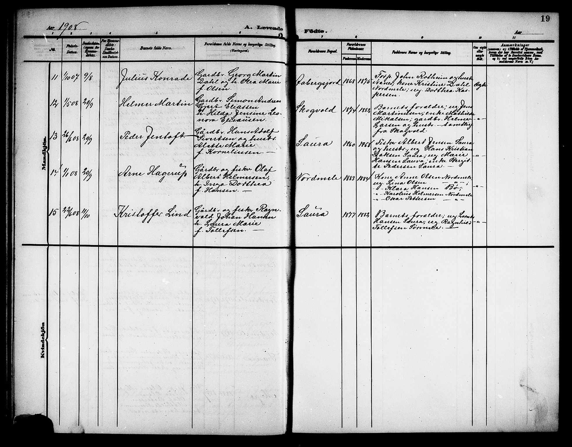 Ministerialprotokoller, klokkerbøker og fødselsregistre - Nordland, AV/SAT-A-1459/897/L1414: Parish register (copy) no. 897C04, 1904-1915, p. 19