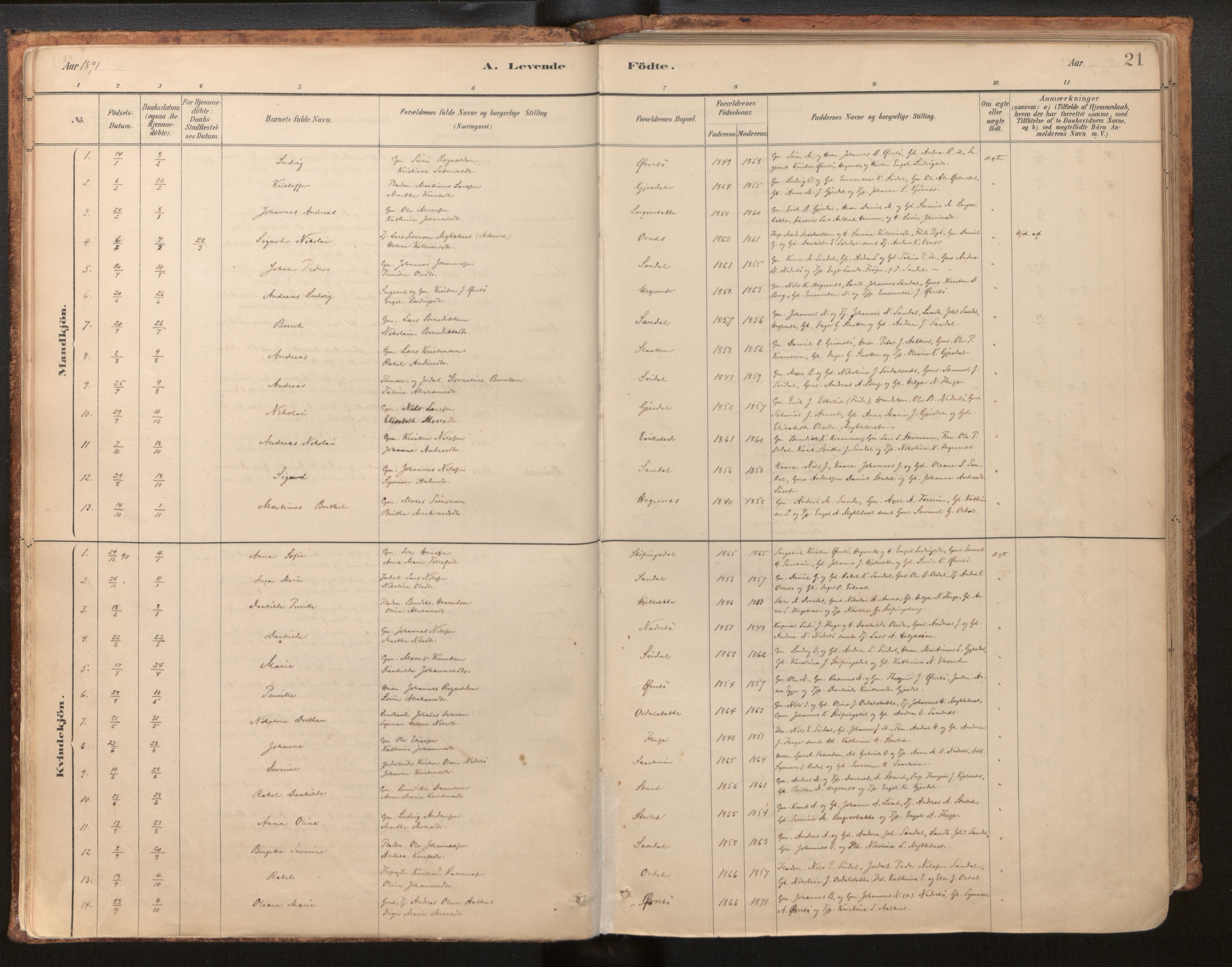 Jølster sokneprestembete, AV/SAB-A-80701/H/Haa/Haab/L0001: Parish register (official) no. B 1, 1882-1930, p. 21