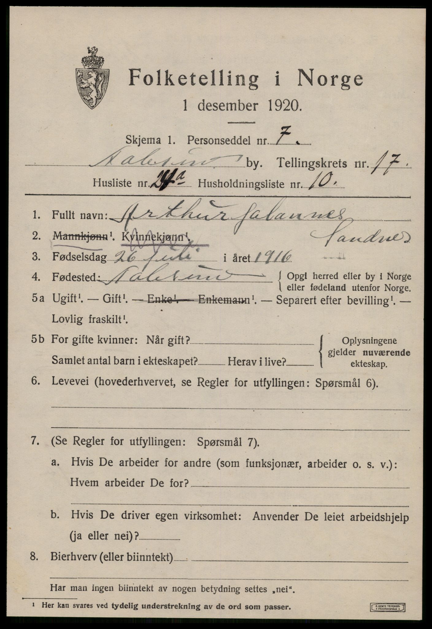 SAT, 1920 census for Ålesund, 1920, p. 34030