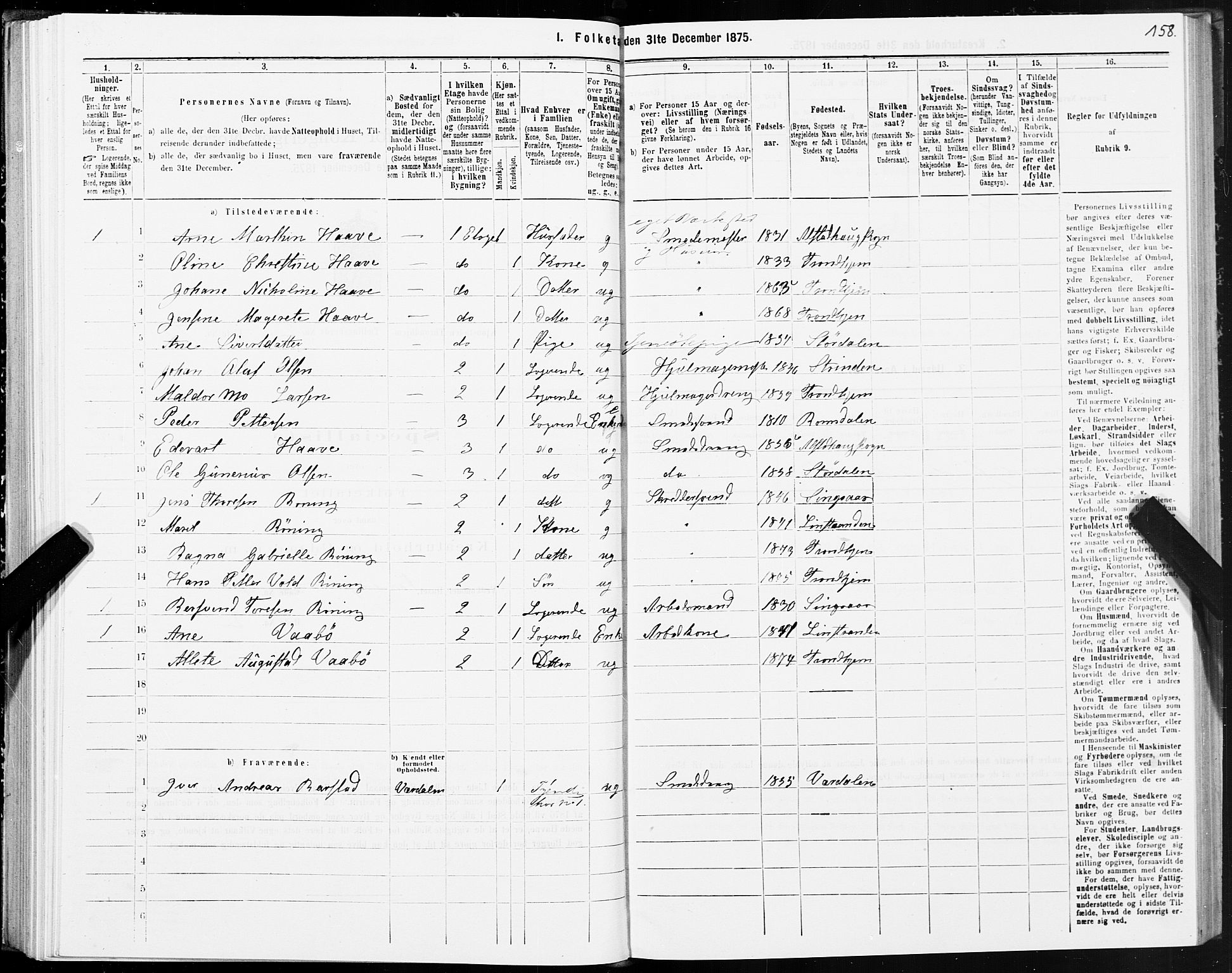 SAT, 1875 census for 1601 Trondheim, 1875, p. 2158