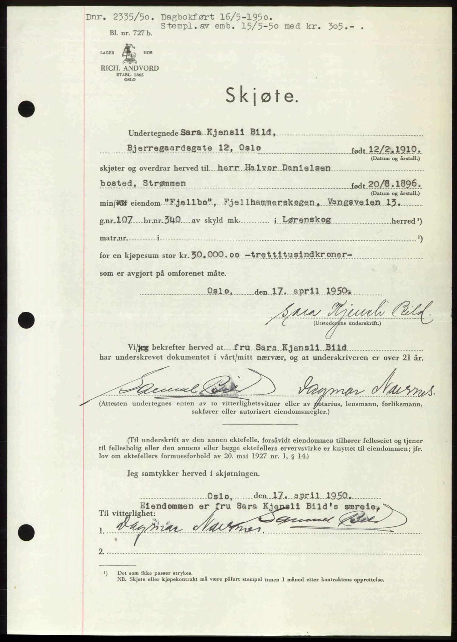 Nedre Romerike sorenskriveri, SAO/A-10469/G/Gb/Gbd/L0030: Mortgage book no. 30, 1950-1950, Diary no: : 2335/1950
