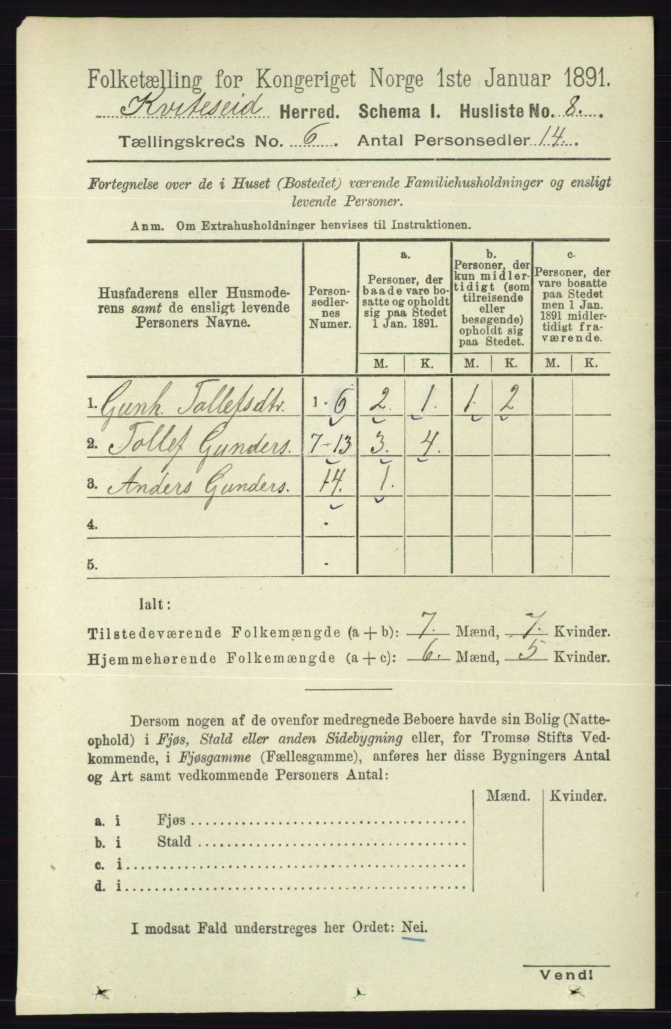 RA, 1891 census for 0829 Kviteseid, 1891, p. 1146