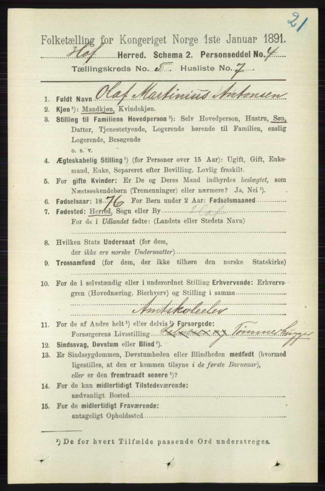 RA, 1891 census for 0714 Hof, 1891, p. 1529