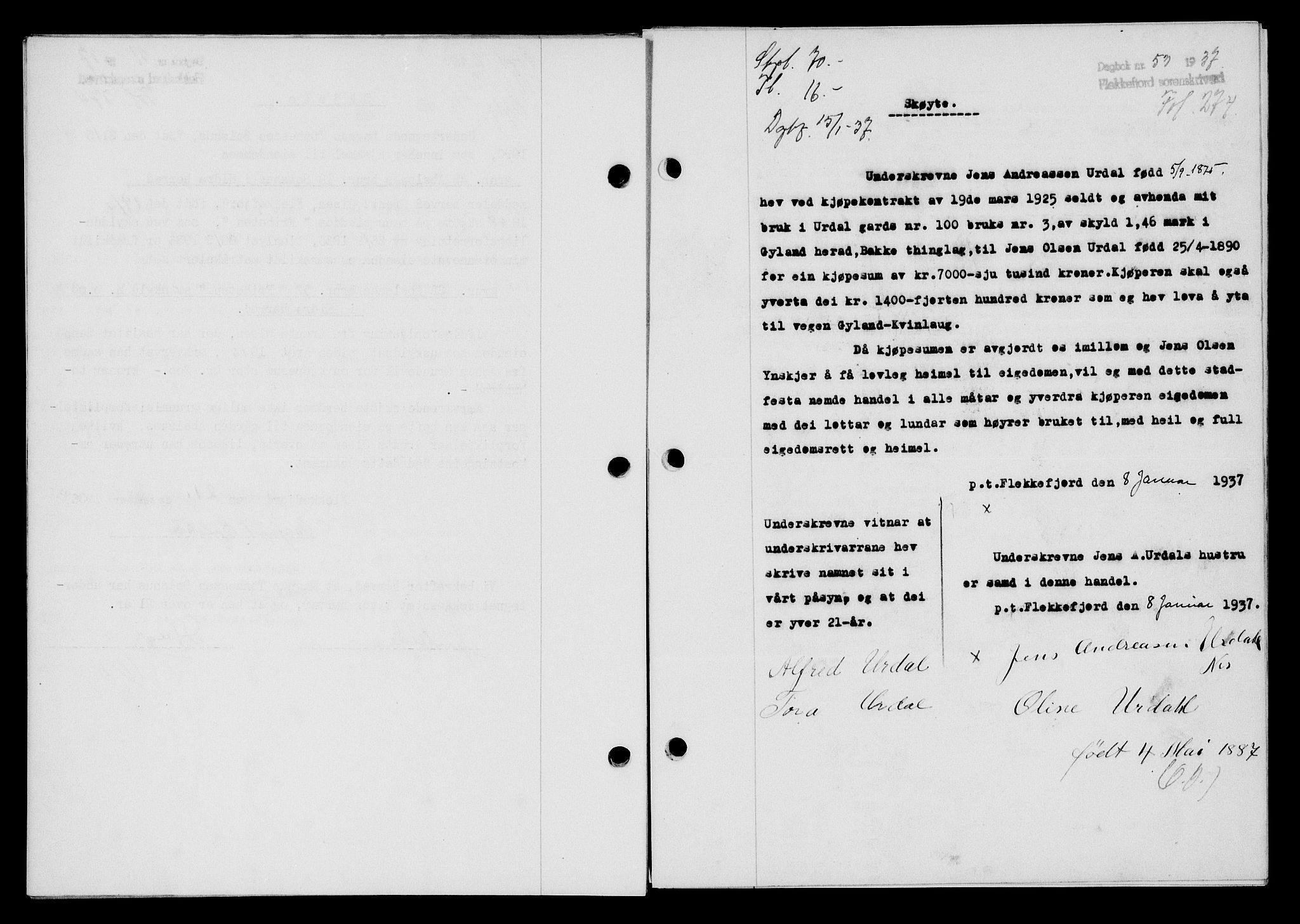 Flekkefjord sorenskriveri, SAK/1221-0001/G/Gb/Gba/L0053: Mortgage book no. A-1, 1936-1937, Diary no: : 53/1937