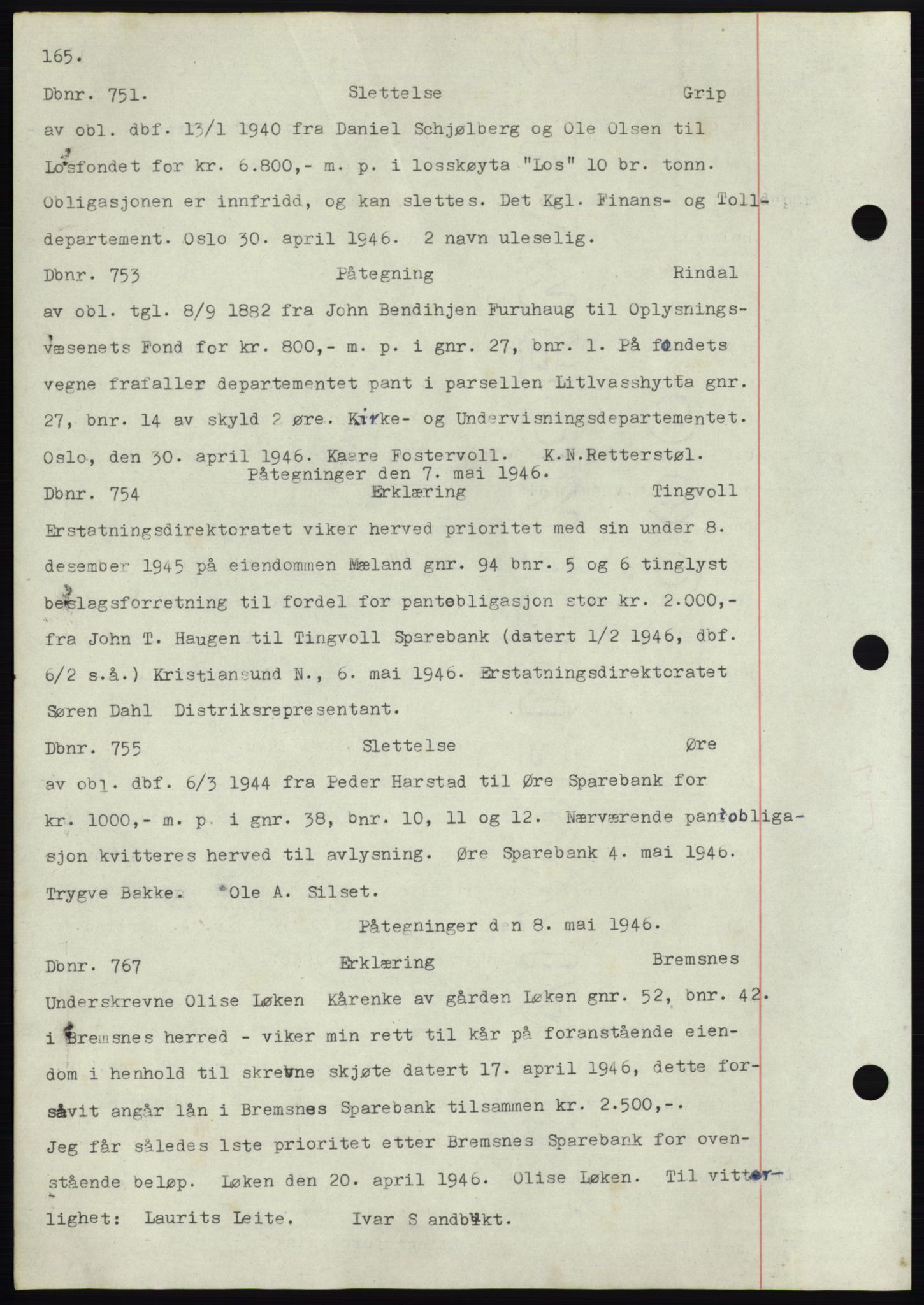 Nordmøre sorenskriveri, SAT/A-4132/1/2/2Ca: Mortgage book no. C82b, 1946-1951, Diary no: : 751/1946