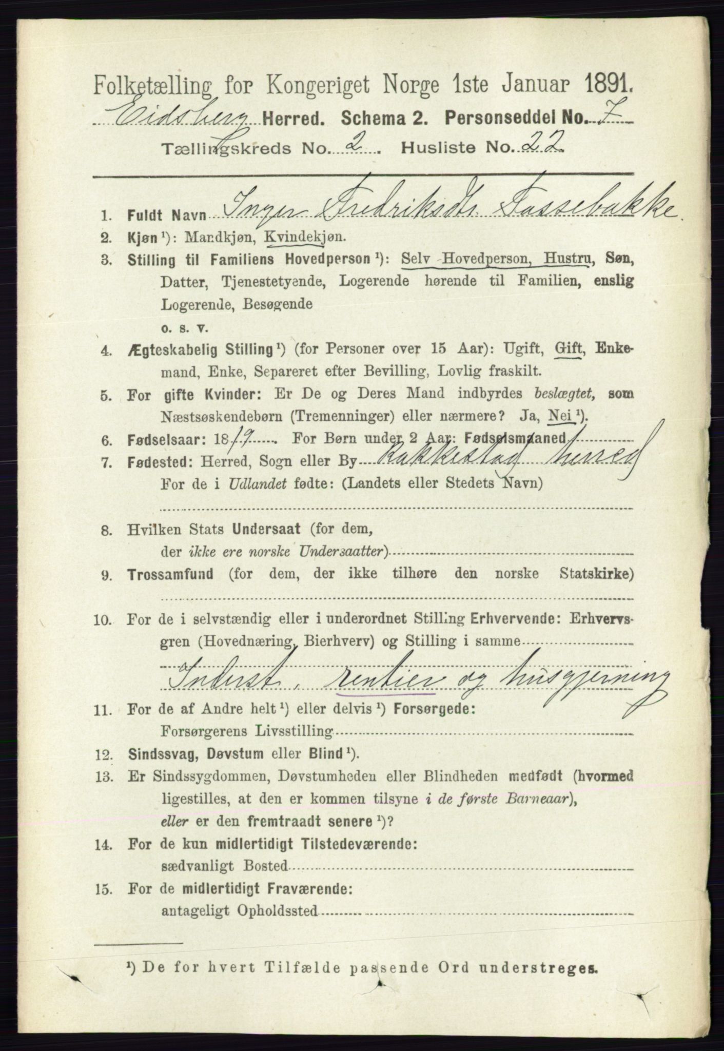 RA, 1891 census for 0125 Eidsberg, 1891, p. 961