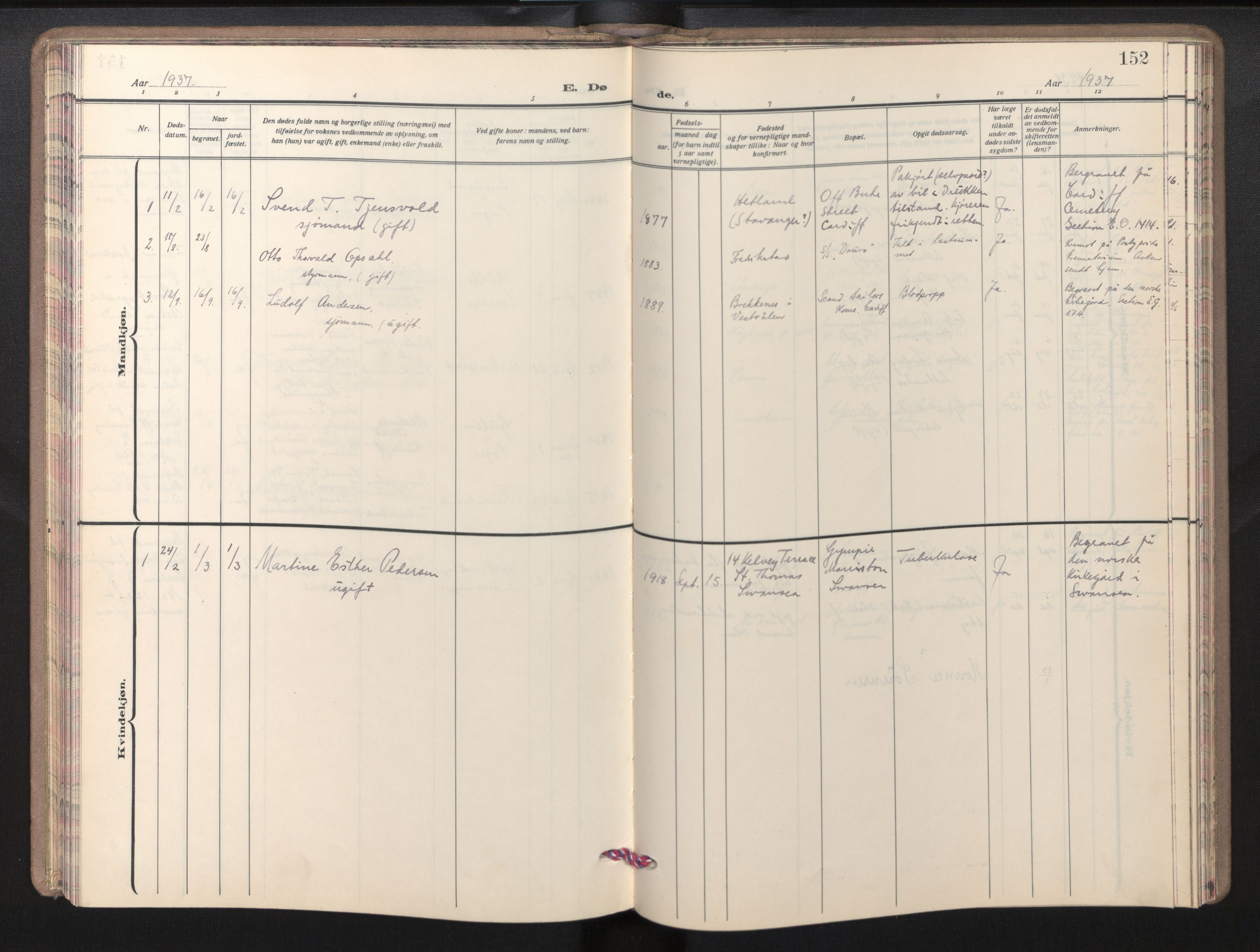 Den norske sjømannsmisjon i utlandet/Bristolhavnene(Cardiff-Swansea), SAB/SAB/PA-0102/H/Ha/Haa/L0003: Parish register (official) no. A 3, 1932-1966, p. 151b-152a