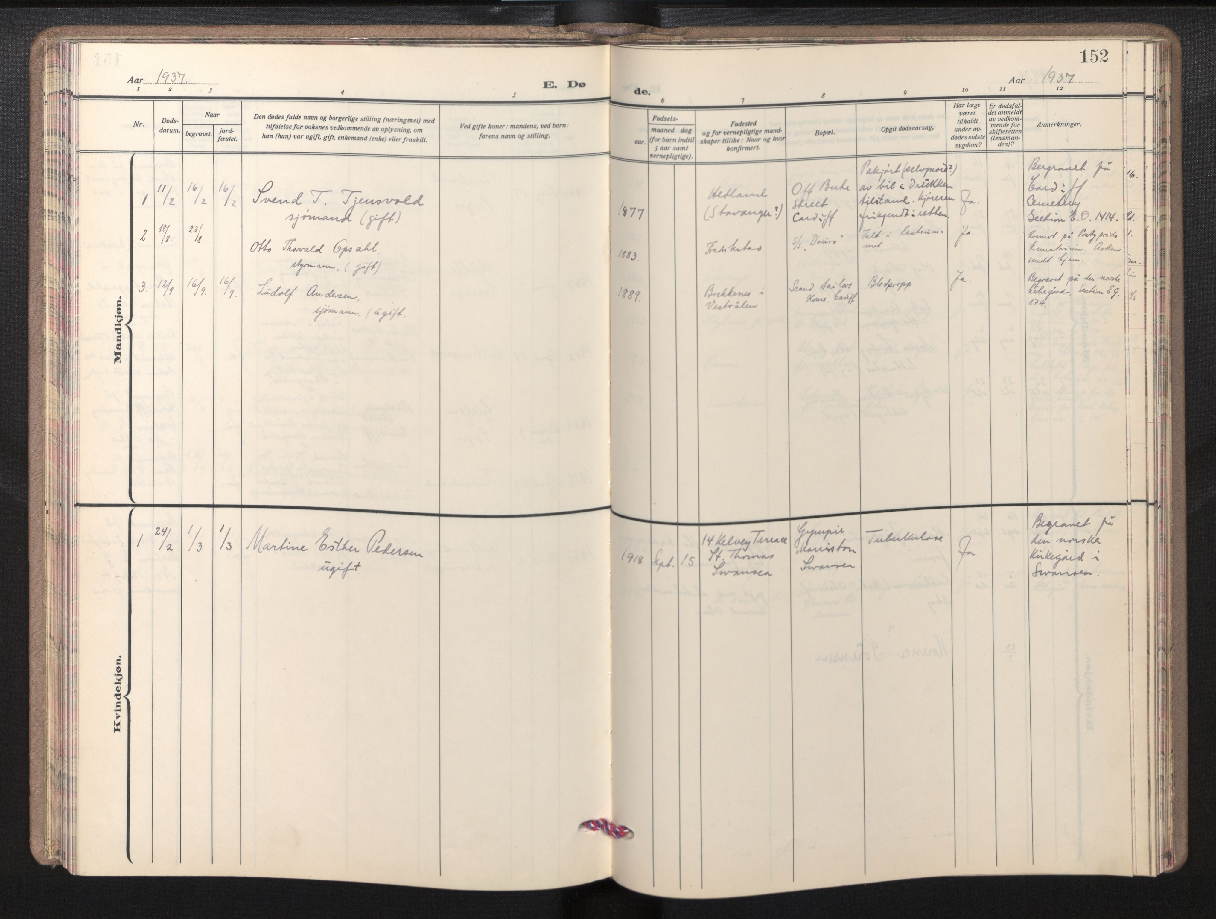 Den norske sjømannsmisjon i utlandet/Bristolhavnene(Cardiff-Swansea), AV/SAB-SAB/PA-0102/H/Ha/Haa/L0003: Parish register (official) no. A 3, 1932-1966, p. 151b-152a