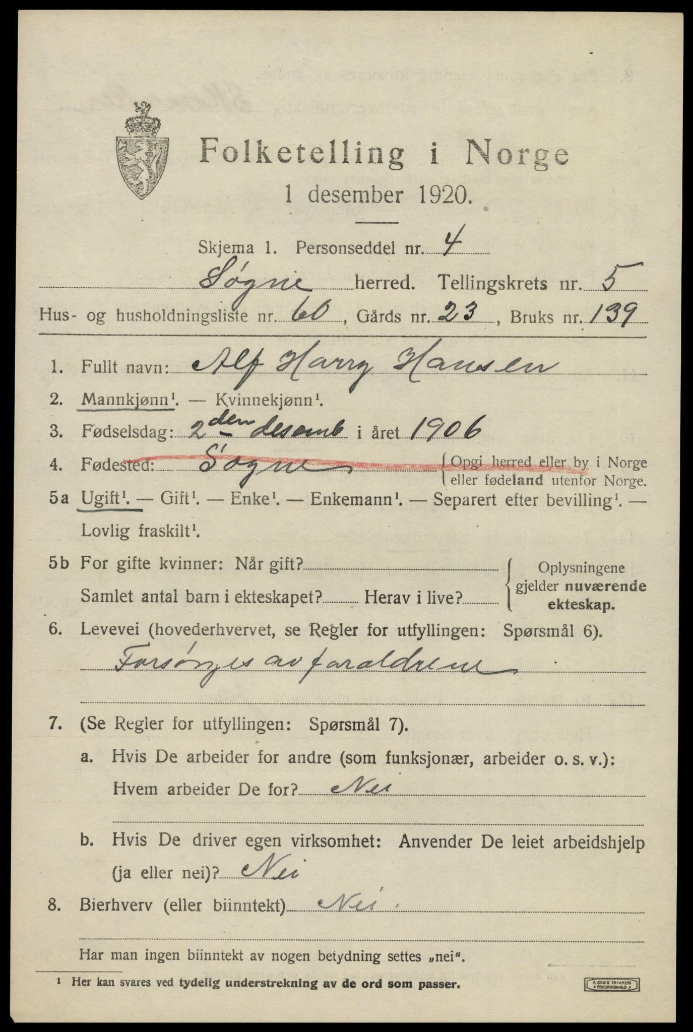 SAK, 1920 census for Søgne, 1920, p. 2773