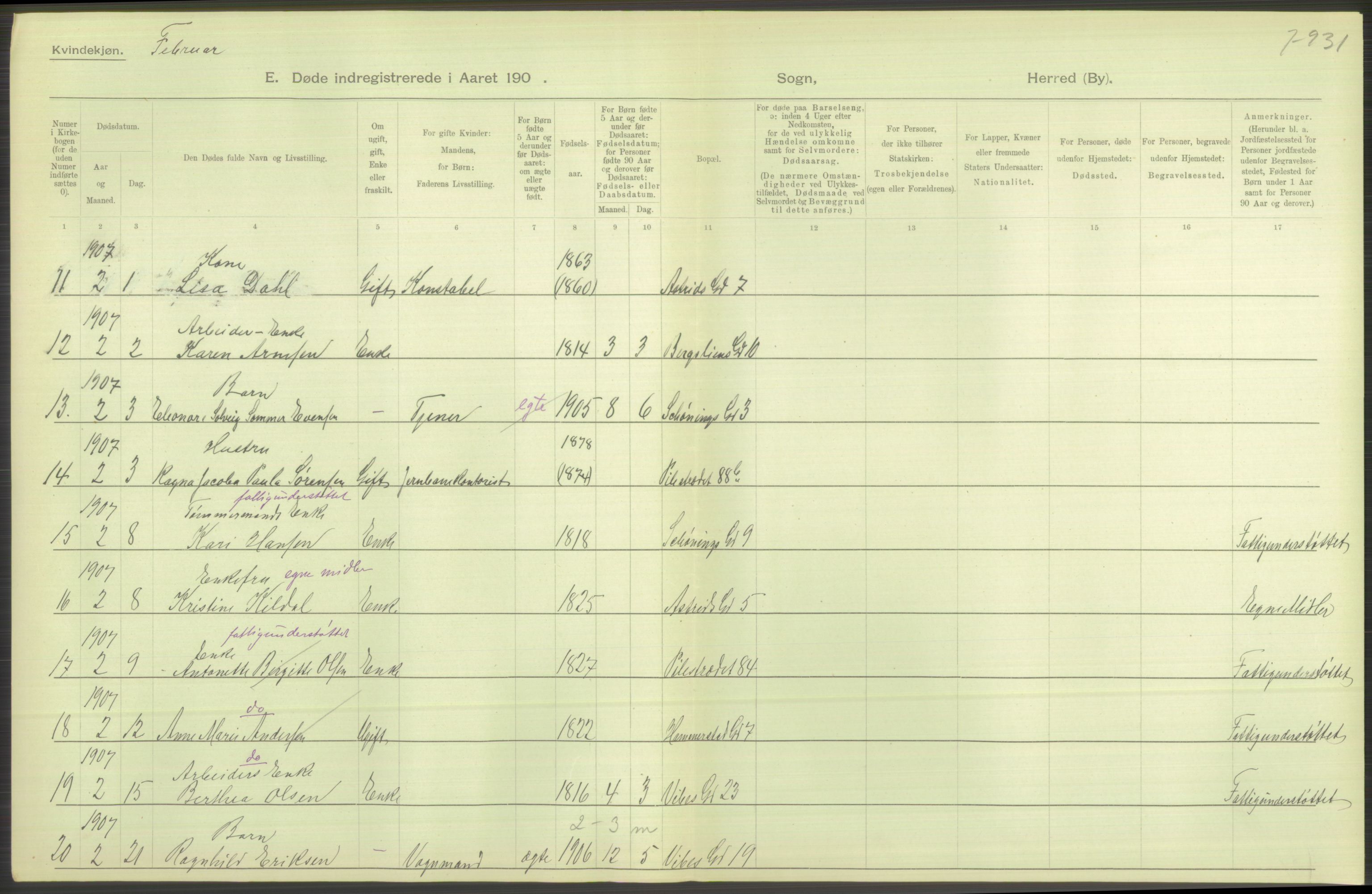 Statistisk sentralbyrå, Sosiodemografiske emner, Befolkning, AV/RA-S-2228/D/Df/Dfa/Dfae/L0009: Kristiania: Døde, 1907, p. 292