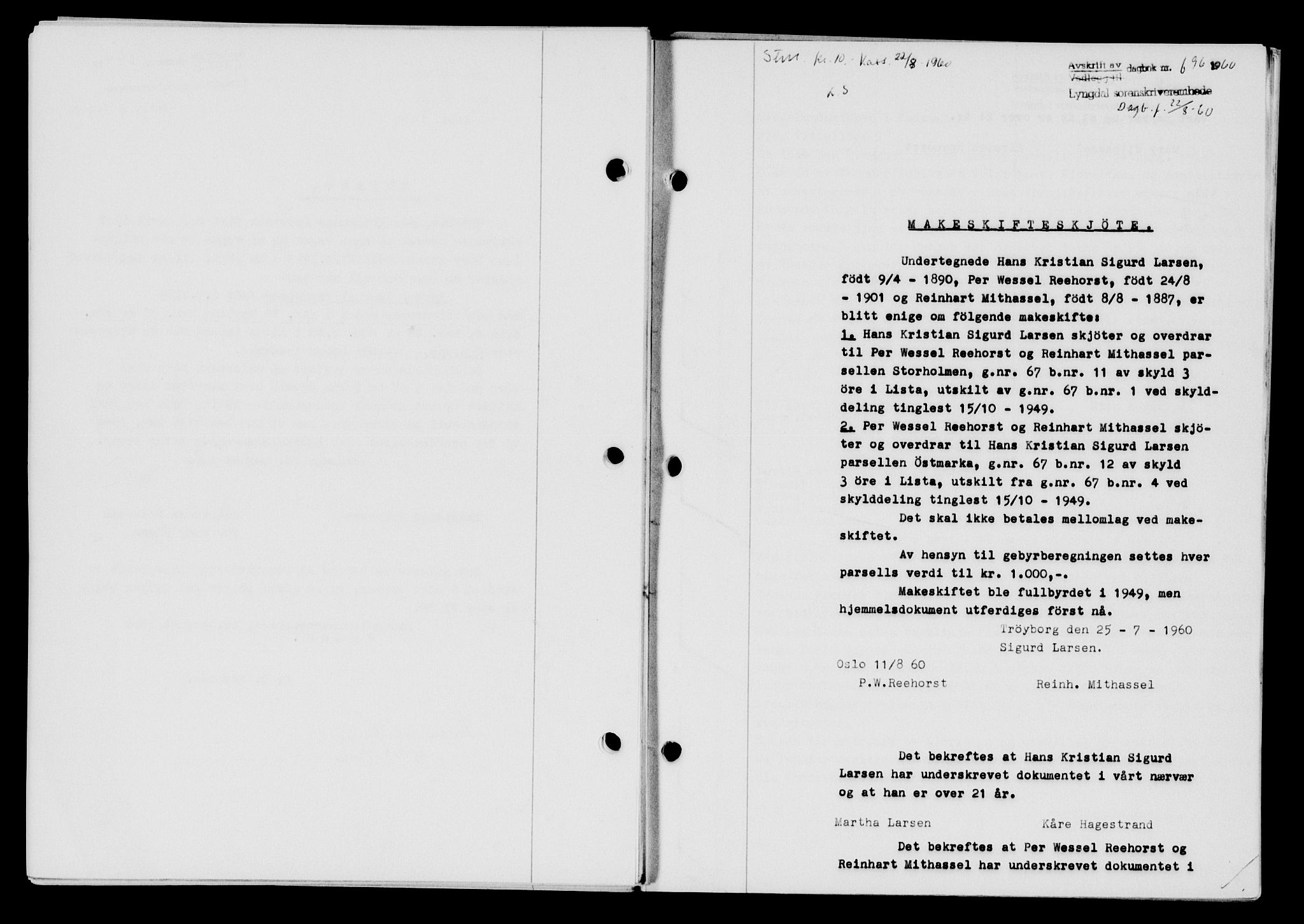 Lyngdal sorenskriveri, AV/SAK-1221-0004/G/Gb/L0680: Mortgage book no. A XXVI, 1960-1960, Diary no: : 696/1960