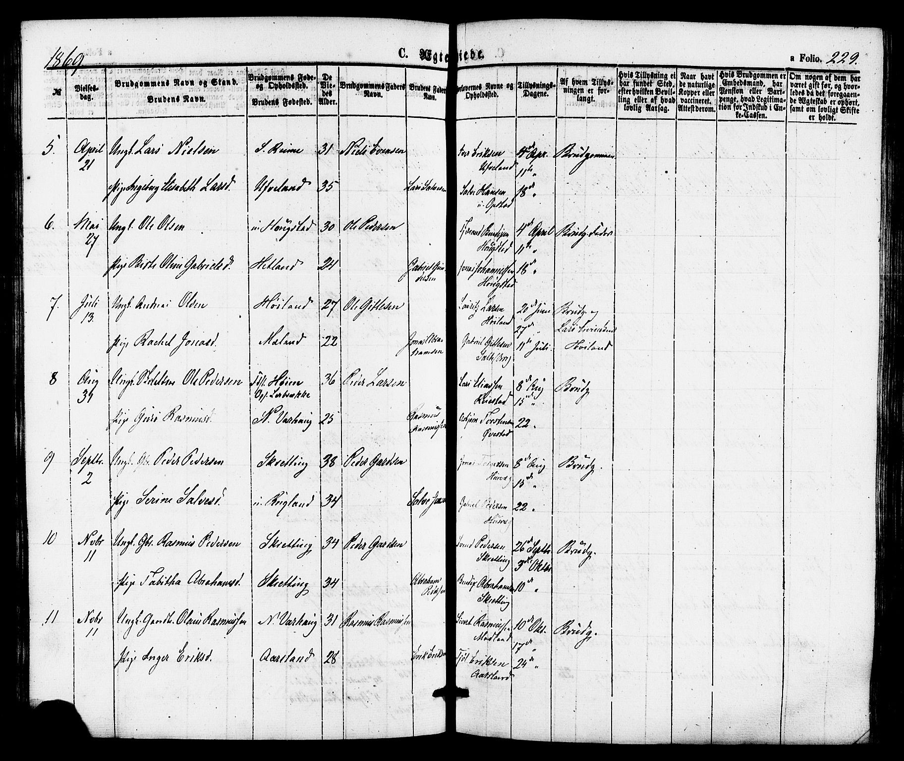 Hå sokneprestkontor, SAST/A-101801/001/30BA/L0009: Parish register (official) no. A 8, 1855-1878, p. 229