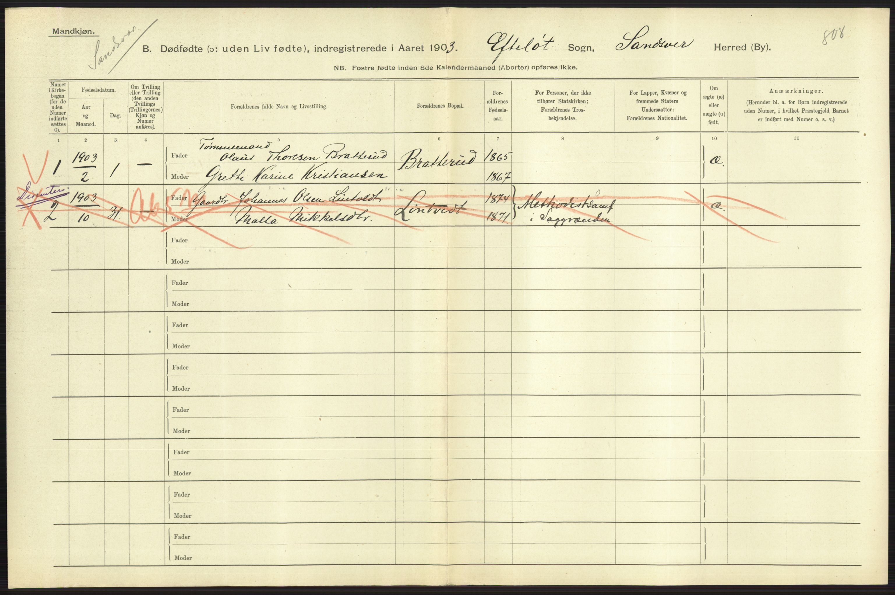 Statistisk sentralbyrå, Sosiodemografiske emner, Befolkning, AV/RA-S-2228/D/Df/Dfa/Dfaa/L0024: Smålenenes - Stavanger amt: Dødfødte. Bygder., 1903, p. 301