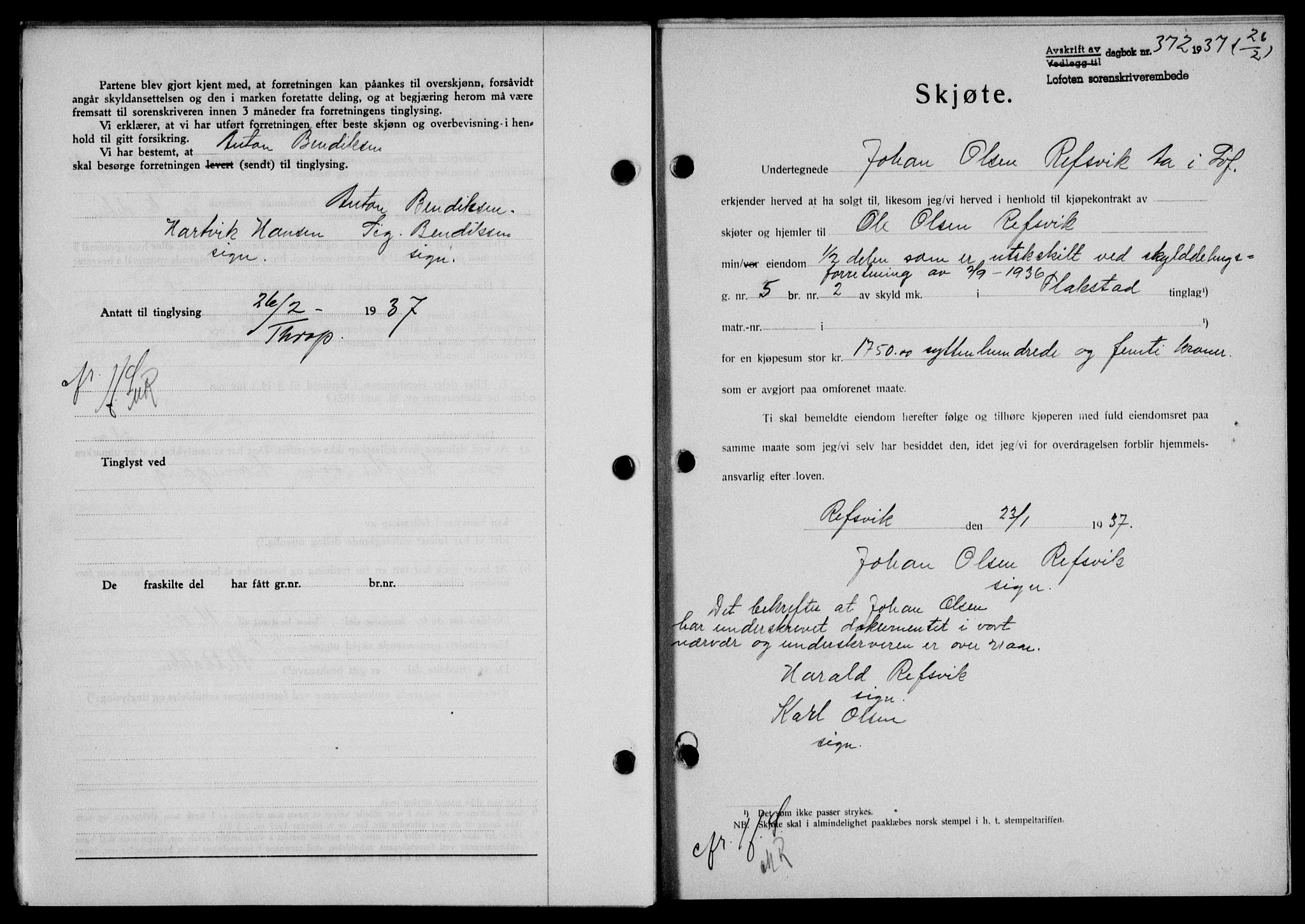 Lofoten sorenskriveri, SAT/A-0017/1/2/2C/L0001a: Mortgage book no. 1a, 1936-1937, Diary no: : 372/1937