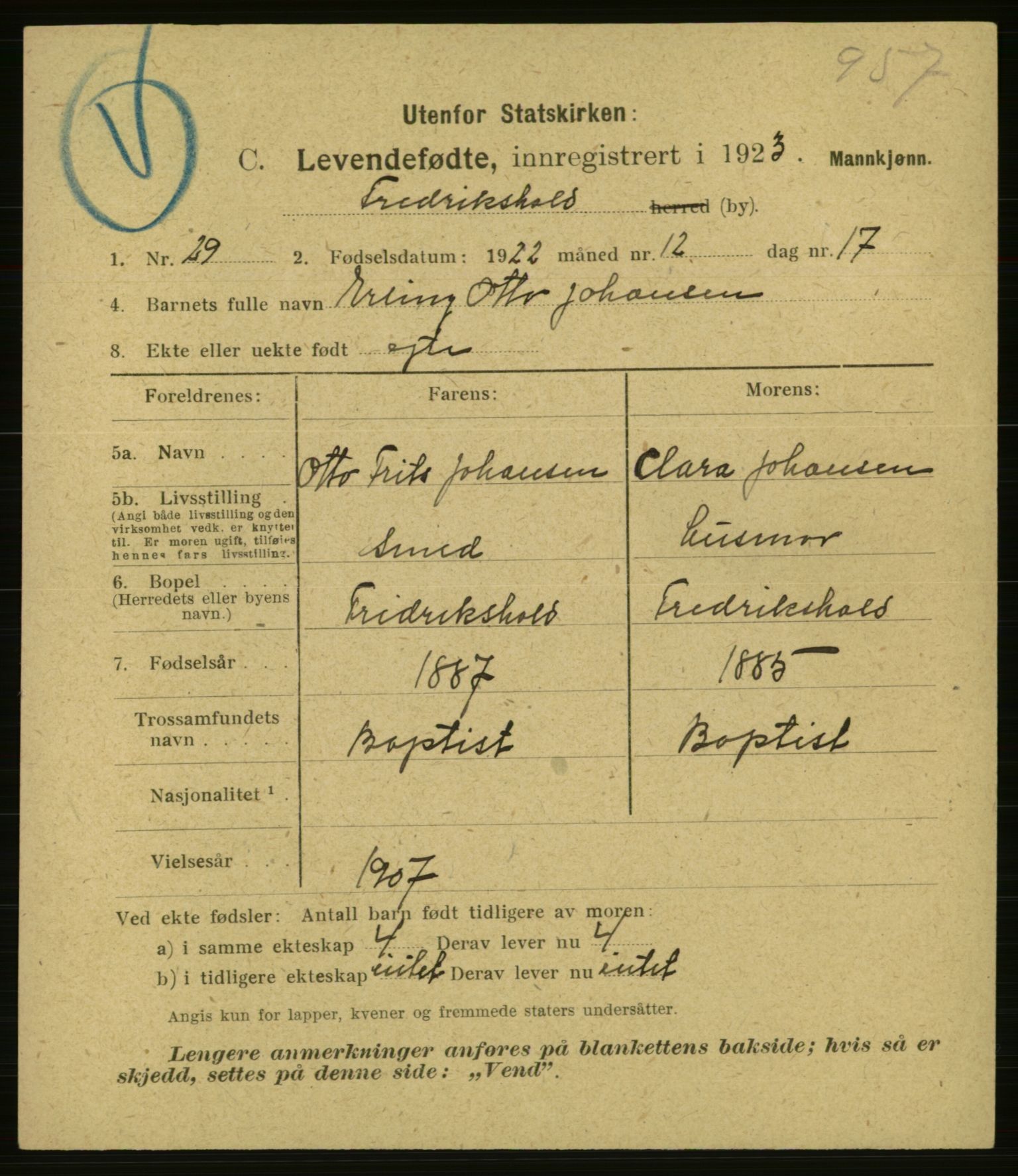 Statistisk sentralbyrå, Sosiodemografiske emner, Befolkning, AV/RA-S-2228/E/L0021: Fødte, gifte, døde dissentere., 1923, p. 5