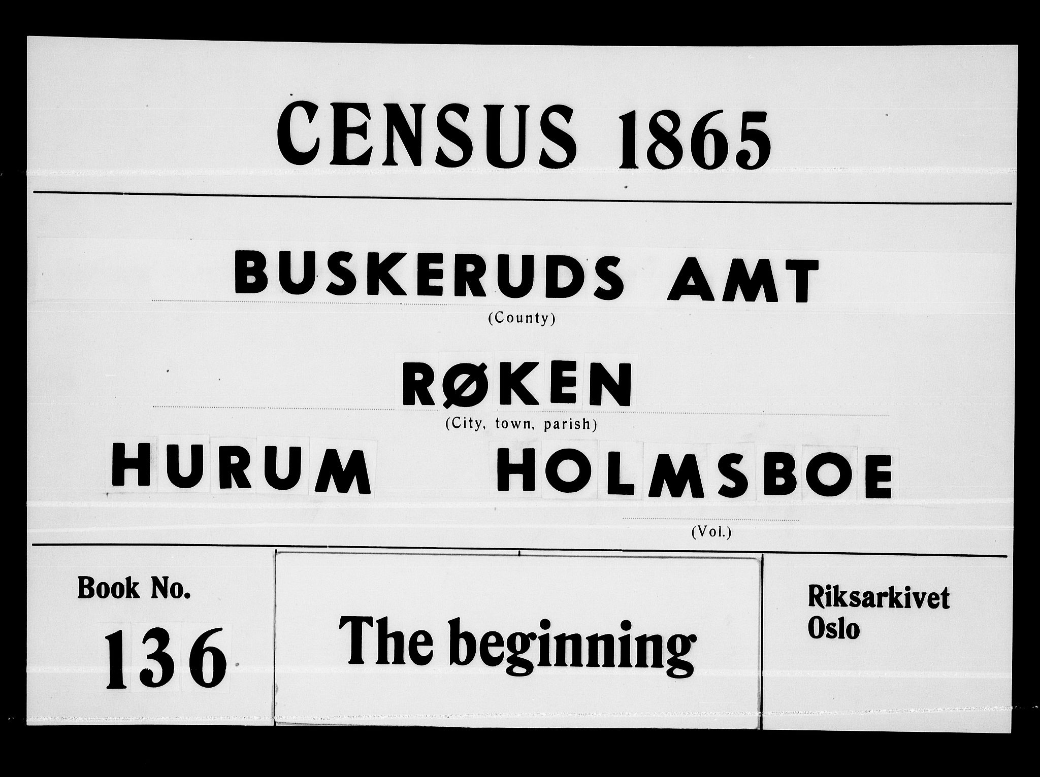 RA, 1865 census for Røyken, 1865, p. 1