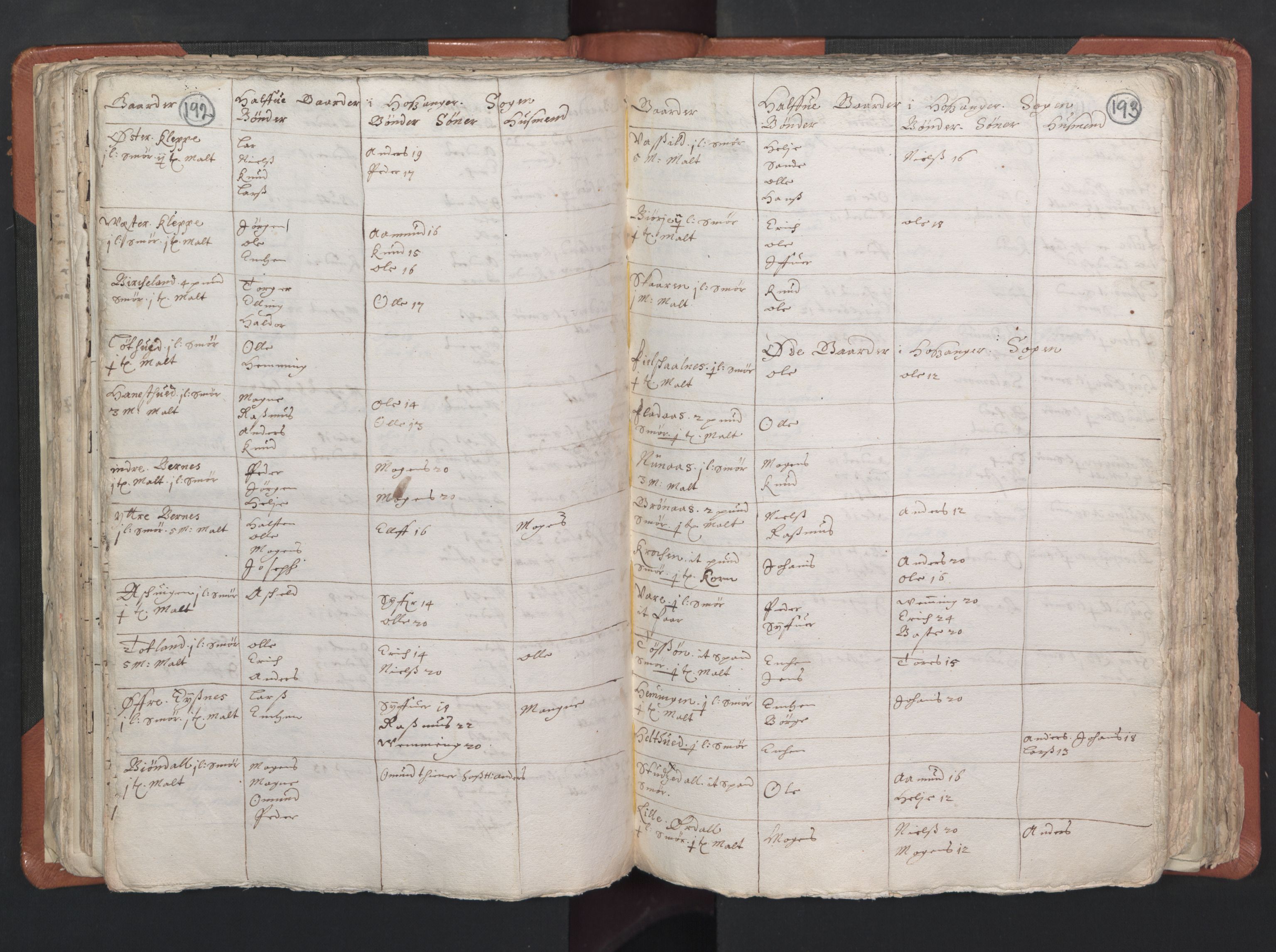 RA, Vicar's Census 1664-1666, no. 22: Nordhordland deanery, 1664-1666, p. 192-193