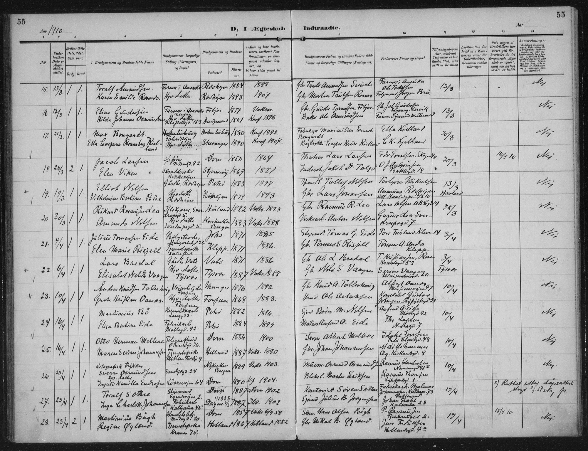 Domkirken sokneprestkontor, AV/SAST-A-101812/002/A/L0016: Parish register (official) no. A 33, 1905-1922, p. 55