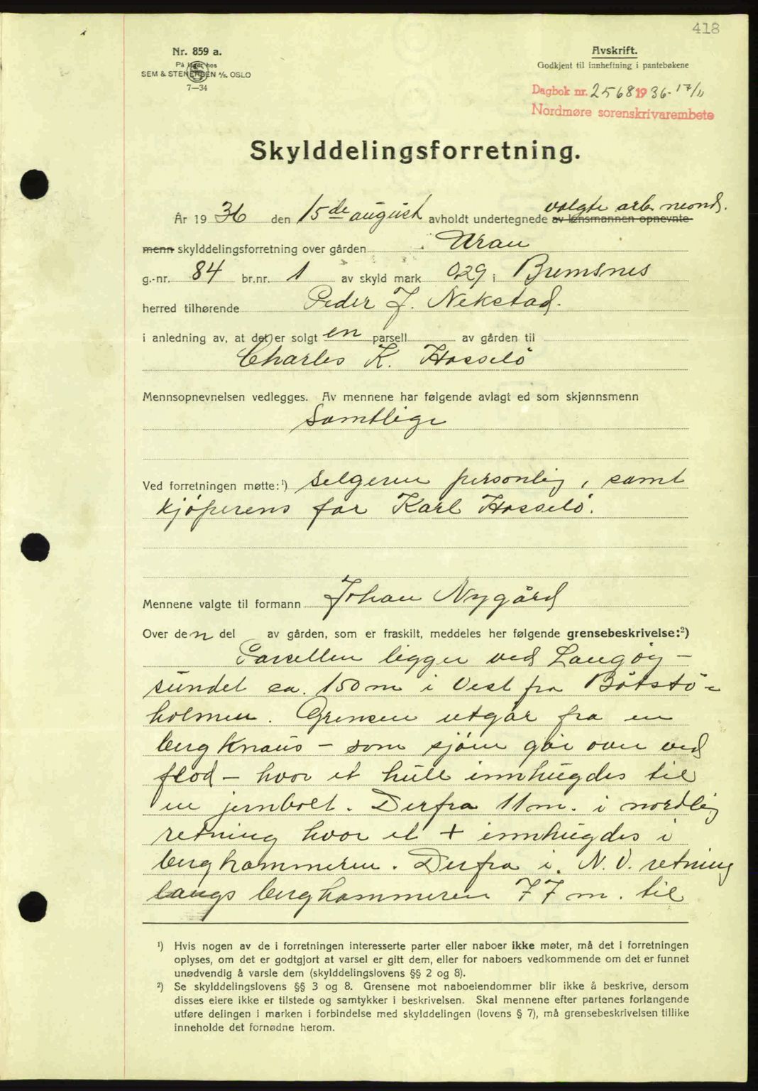 Nordmøre sorenskriveri, AV/SAT-A-4132/1/2/2Ca: Mortgage book no. A80, 1936-1937, Diary no: : 2568/1936