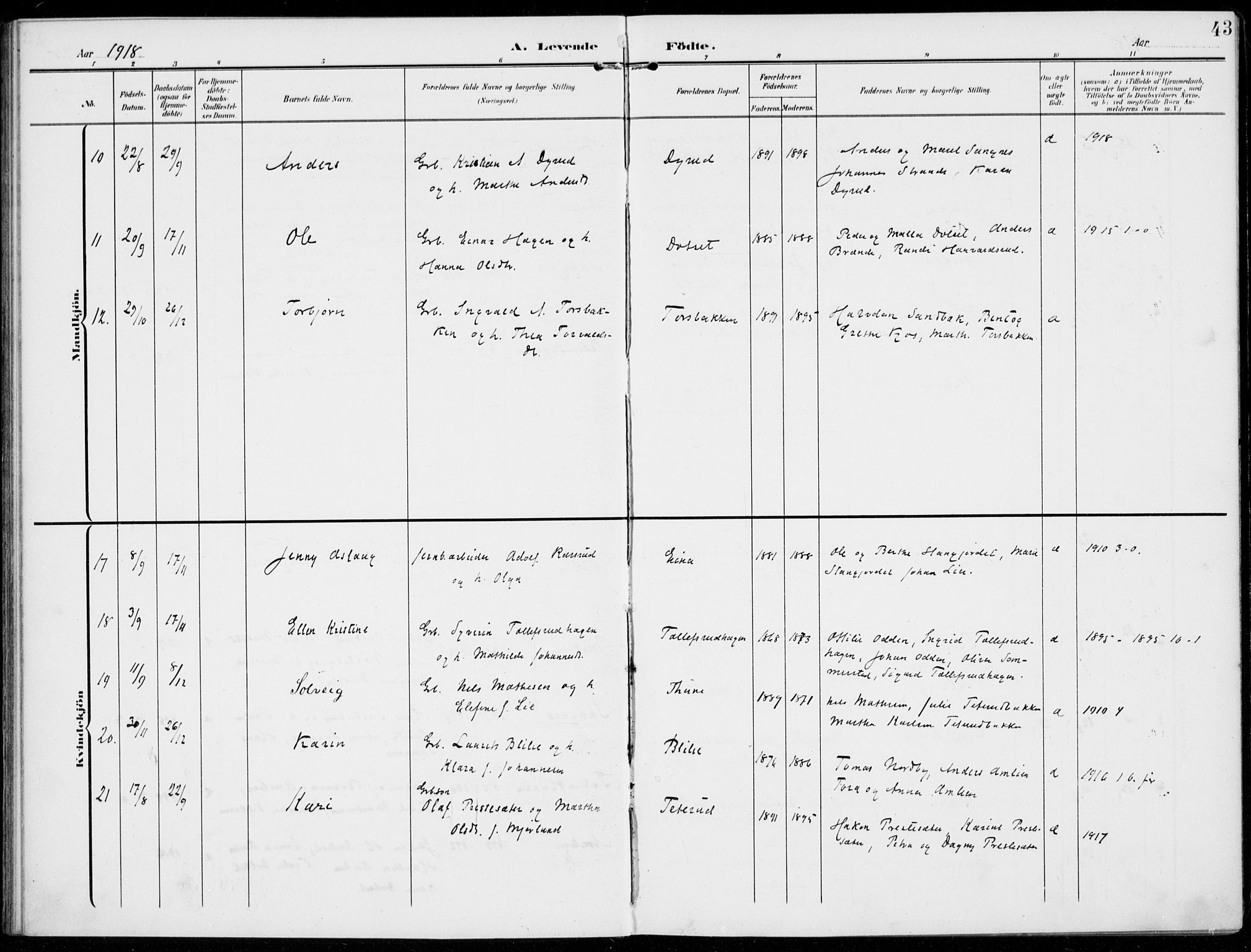 Kolbu prestekontor, SAH/PREST-110/H/Ha/Haa/L0001: Parish register (official) no. 1, 1907-1923, p. 43
