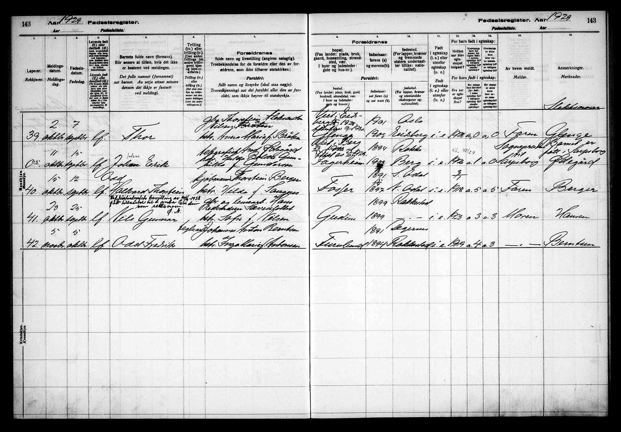 Rakkestad prestekontor Kirkebøker, AV/SAO-A-2008/J/Ja/L0001: Birth register no. I 1, 1916-1936, p. 143