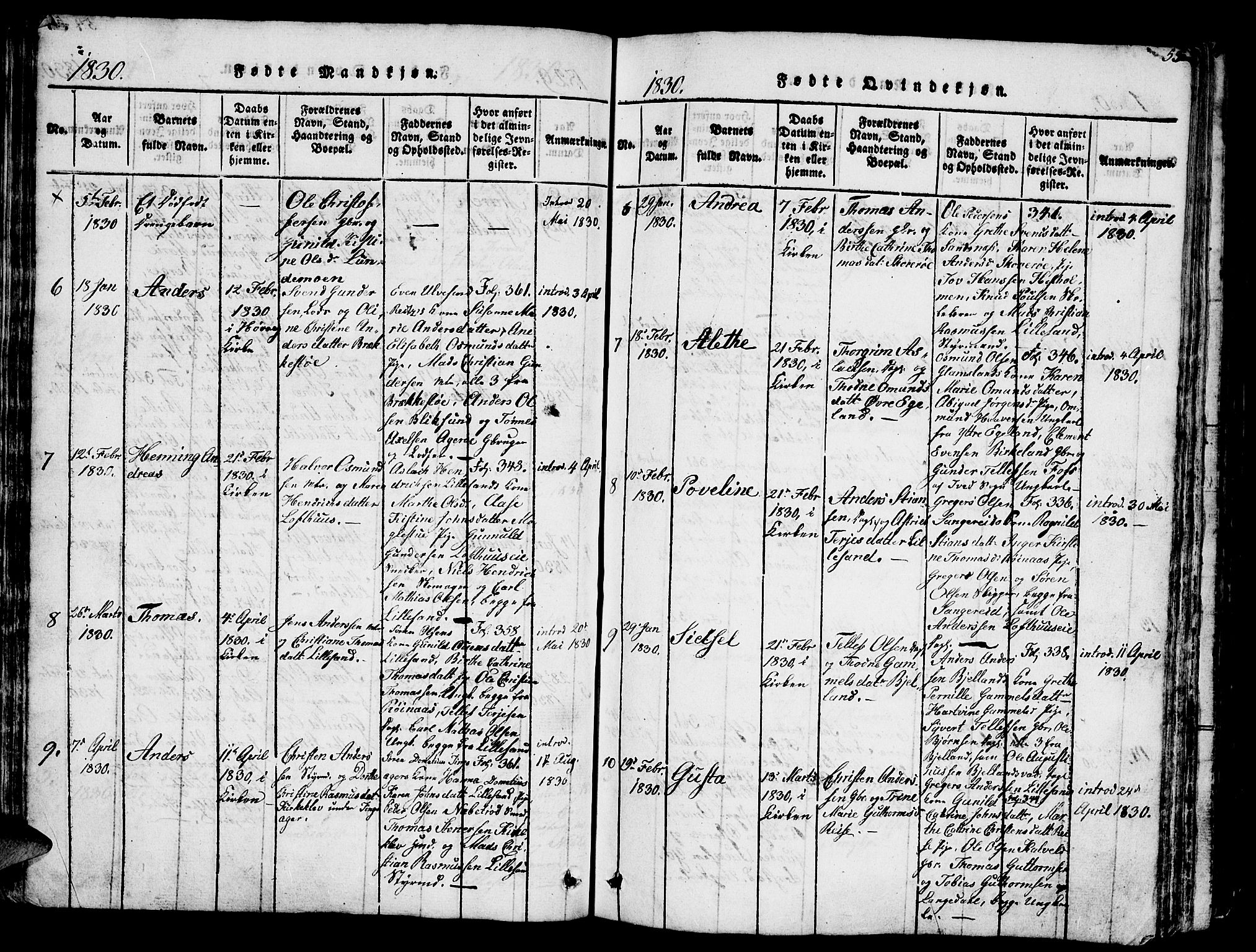 Vestre Moland sokneprestkontor, AV/SAK-1111-0046/F/Fb/Fbb/L0001: Parish register (copy) no. B 1, 1816-1851, p. 55