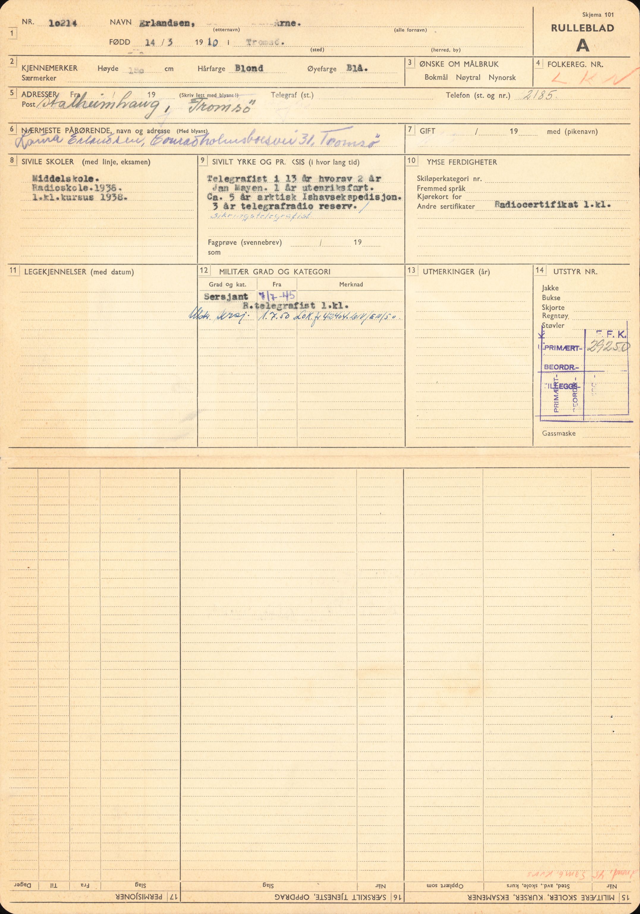 Forsvaret, Forsvarets overkommando/Luftforsvarsstaben, RA/RAFA-4079/P/Pa/L0024: Personellpapirer, 1910, p. 186