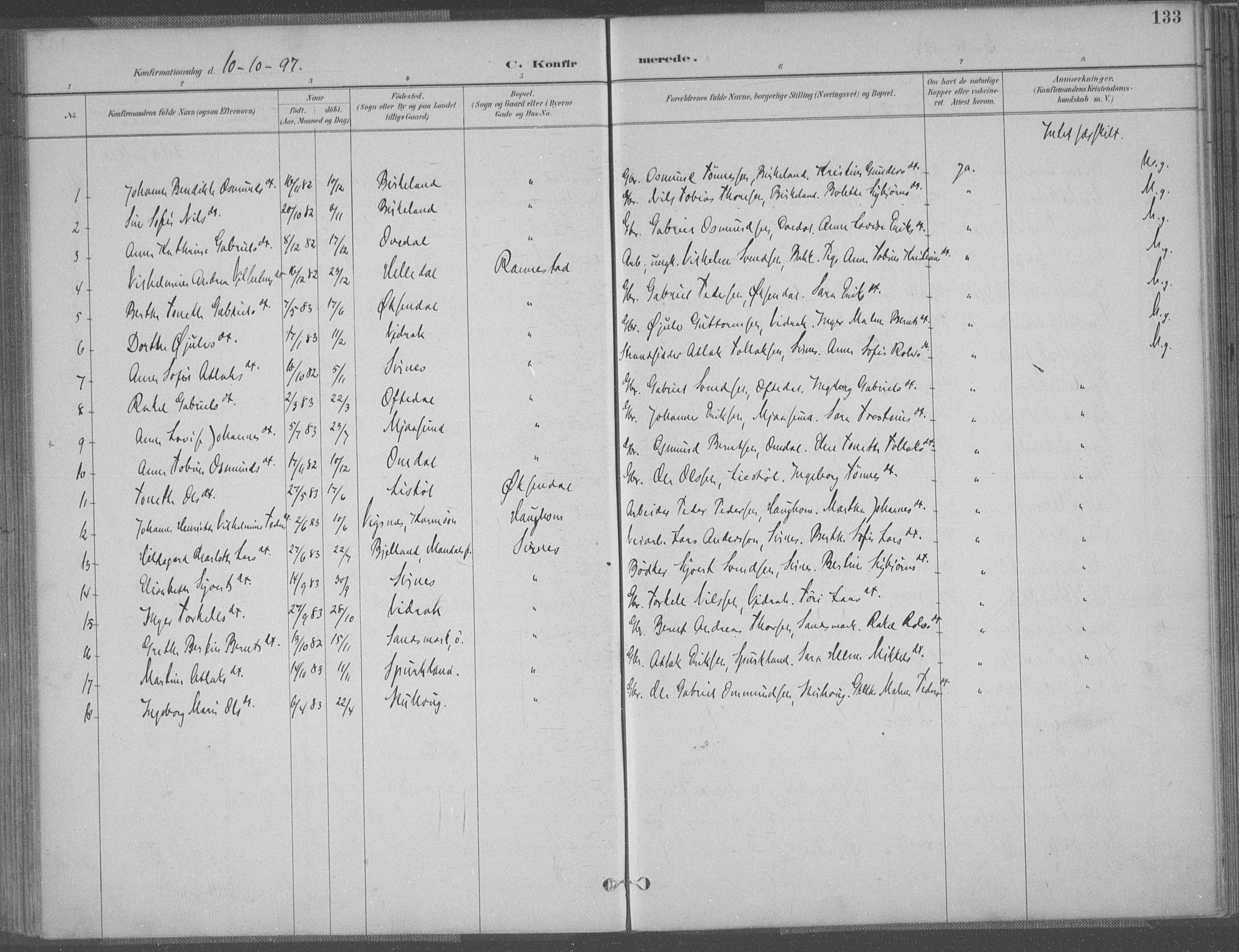 Bakke sokneprestkontor, AV/SAK-1111-0002/F/Fa/Faa/L0008: Parish register (official) no. A 8, 1887-1911, p. 133