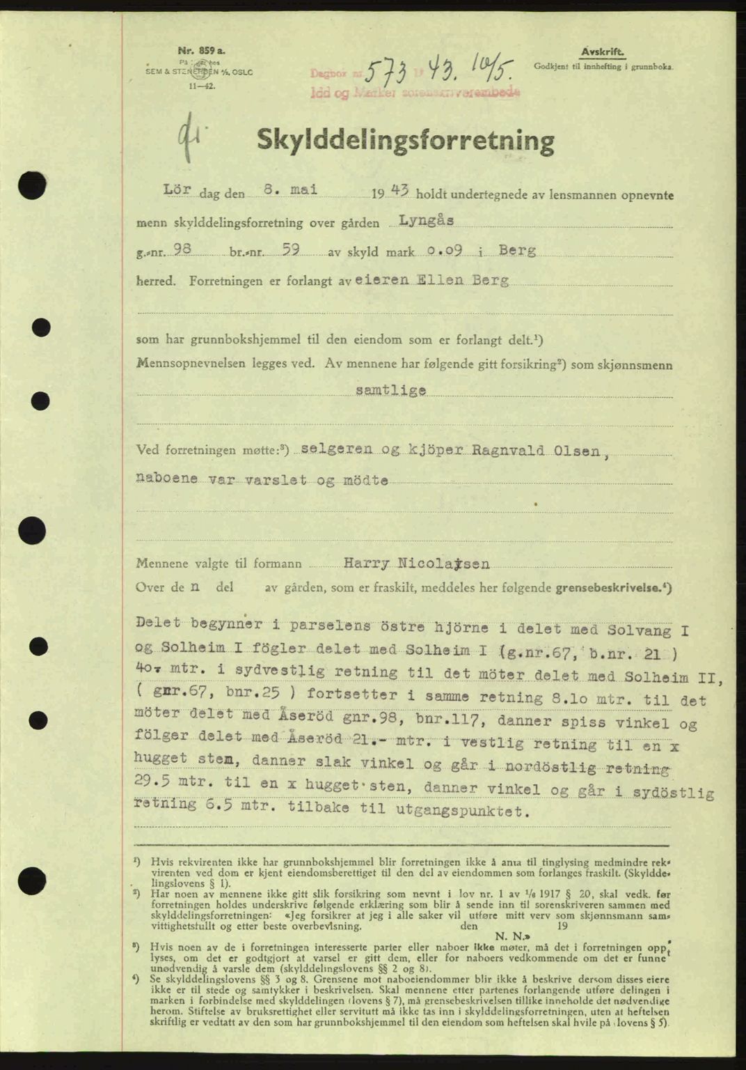 Idd og Marker sorenskriveri, AV/SAO-A-10283/G/Gb/Gbb/L0006: Mortgage book no. A6, 1943-1944, Diary no: : 573/1943