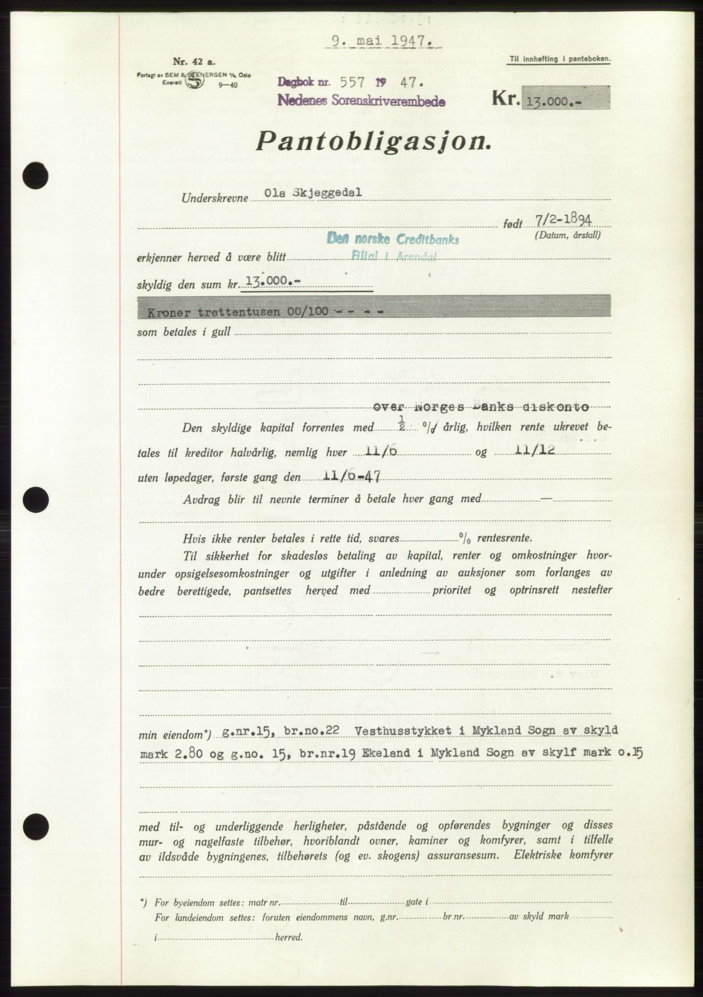 Nedenes sorenskriveri, AV/SAK-1221-0006/G/Gb/Gbb/L0004: Mortgage book no. B4, 1947-1947, Diary no: : 557/1947