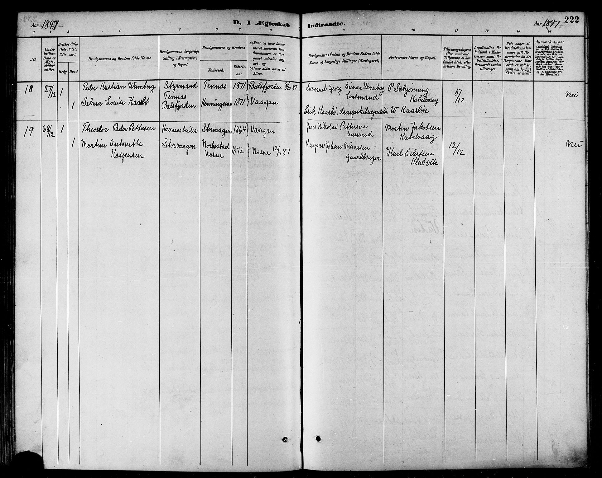 Ministerialprotokoller, klokkerbøker og fødselsregistre - Nordland, SAT/A-1459/874/L1060: Parish register (official) no. 874A04, 1890-1899, p. 222