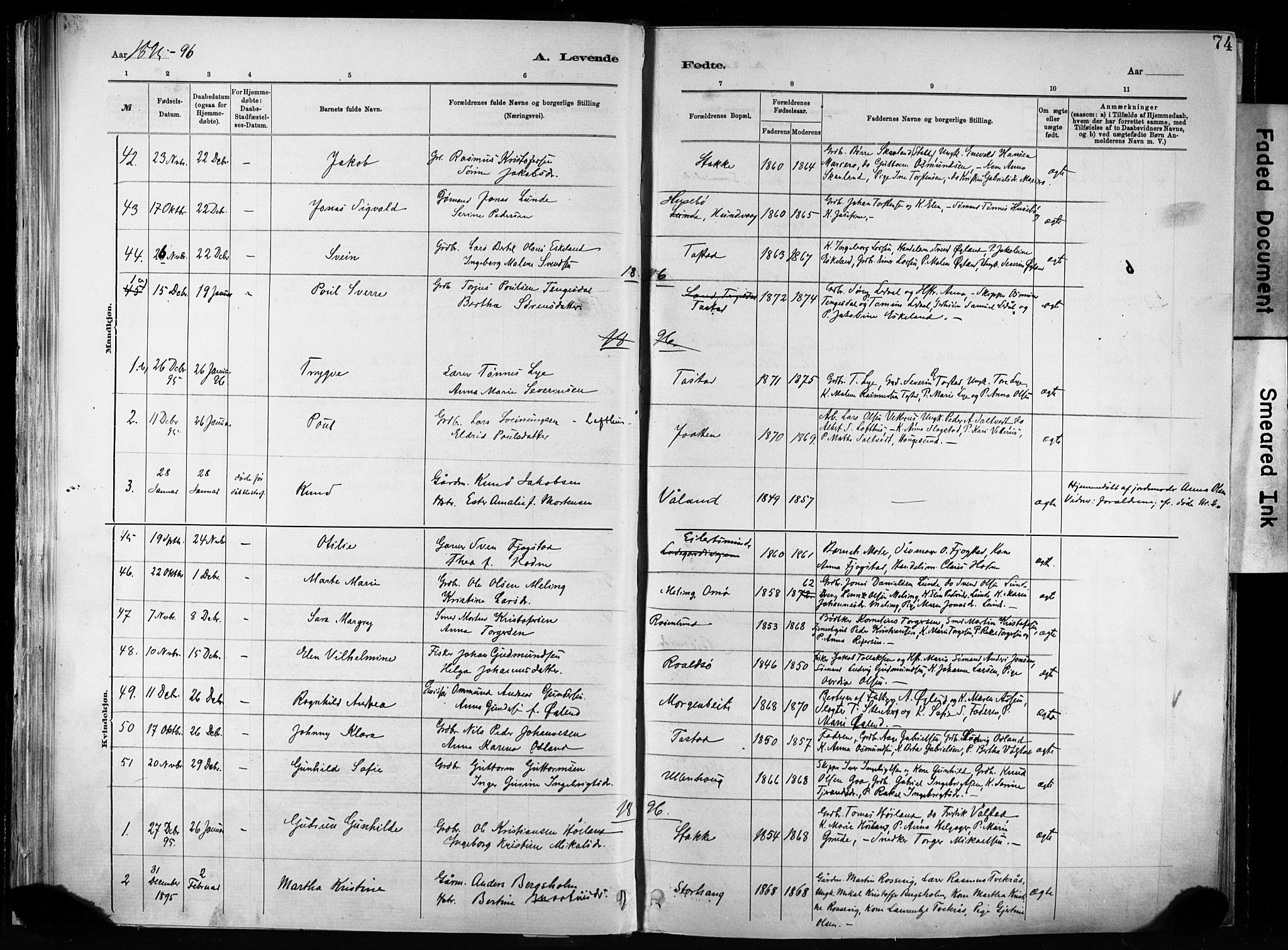 Hetland sokneprestkontor, SAST/A-101826/30/30BA/L0011: Parish register (official) no. A 11, 1884-1911, p. 74