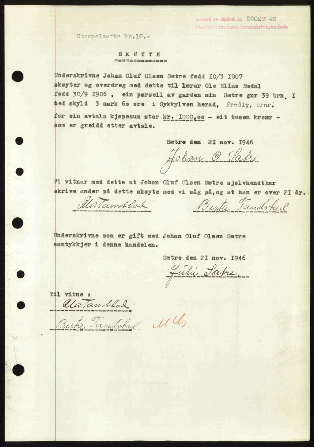 Nordre Sunnmøre sorenskriveri, AV/SAT-A-0006/1/2/2C/2Ca: Mortgage book no. A23, 1946-1947, Diary no: : 2002/1946