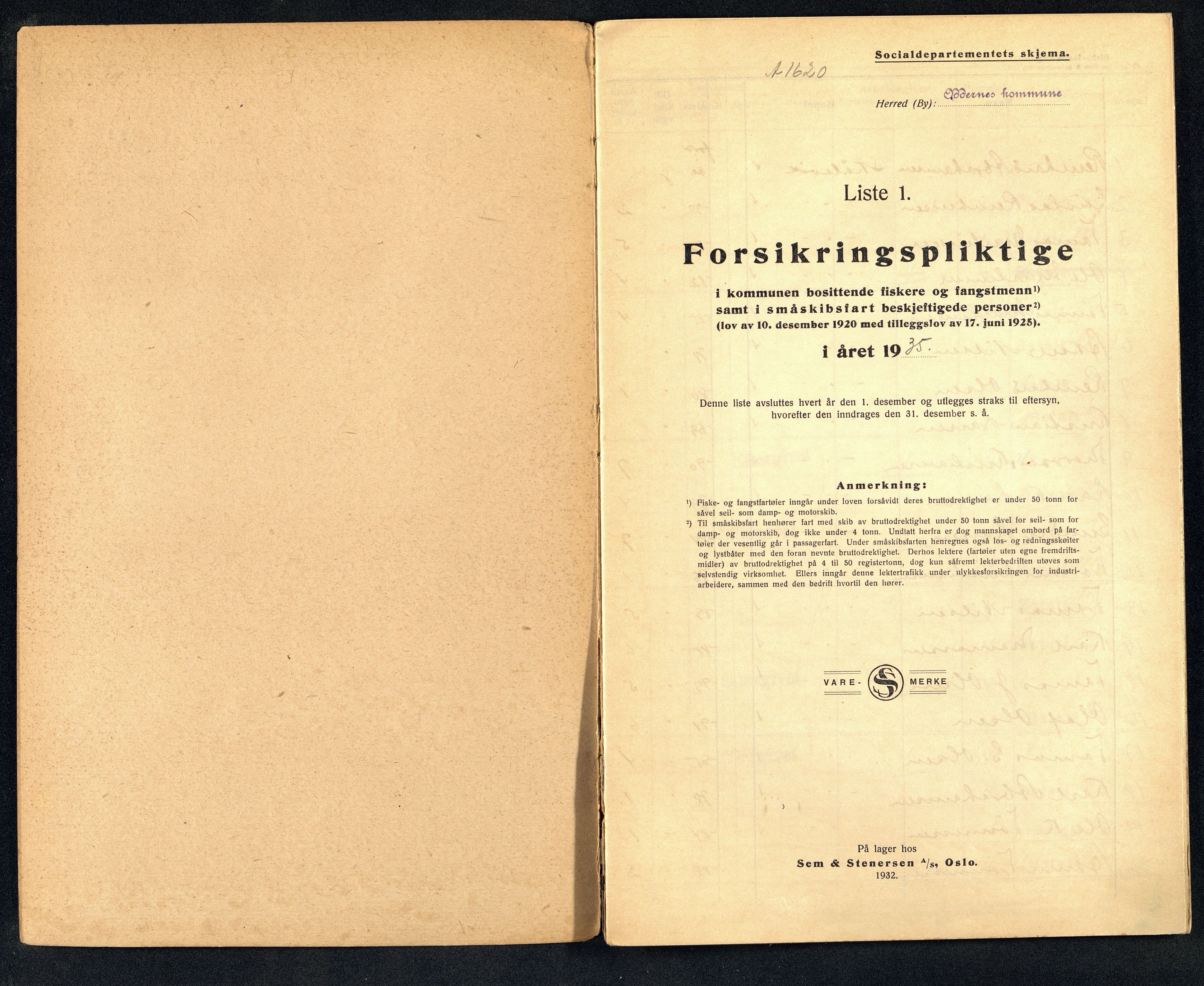 Oddernes kommune - Fiskermanntallnemnda, ARKSOR/1001OD622/F/L0001/0009: Manntall over forsikringspliktige fiskere og fangstmenn / Manntall over forsikringspliktige fiskere og fangstmenn, 1935