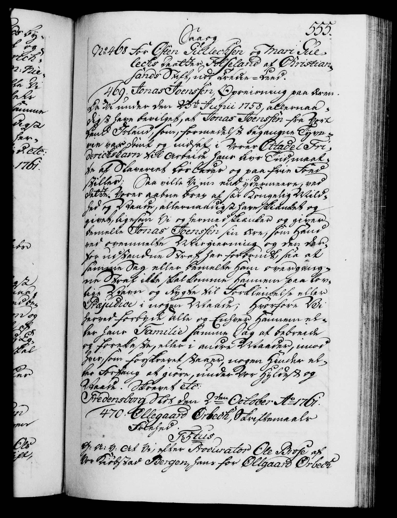 Danske Kanselli 1572-1799, AV/RA-EA-3023/F/Fc/Fca/Fcaa/L0041: Norske registre, 1760-1762, p. 555a