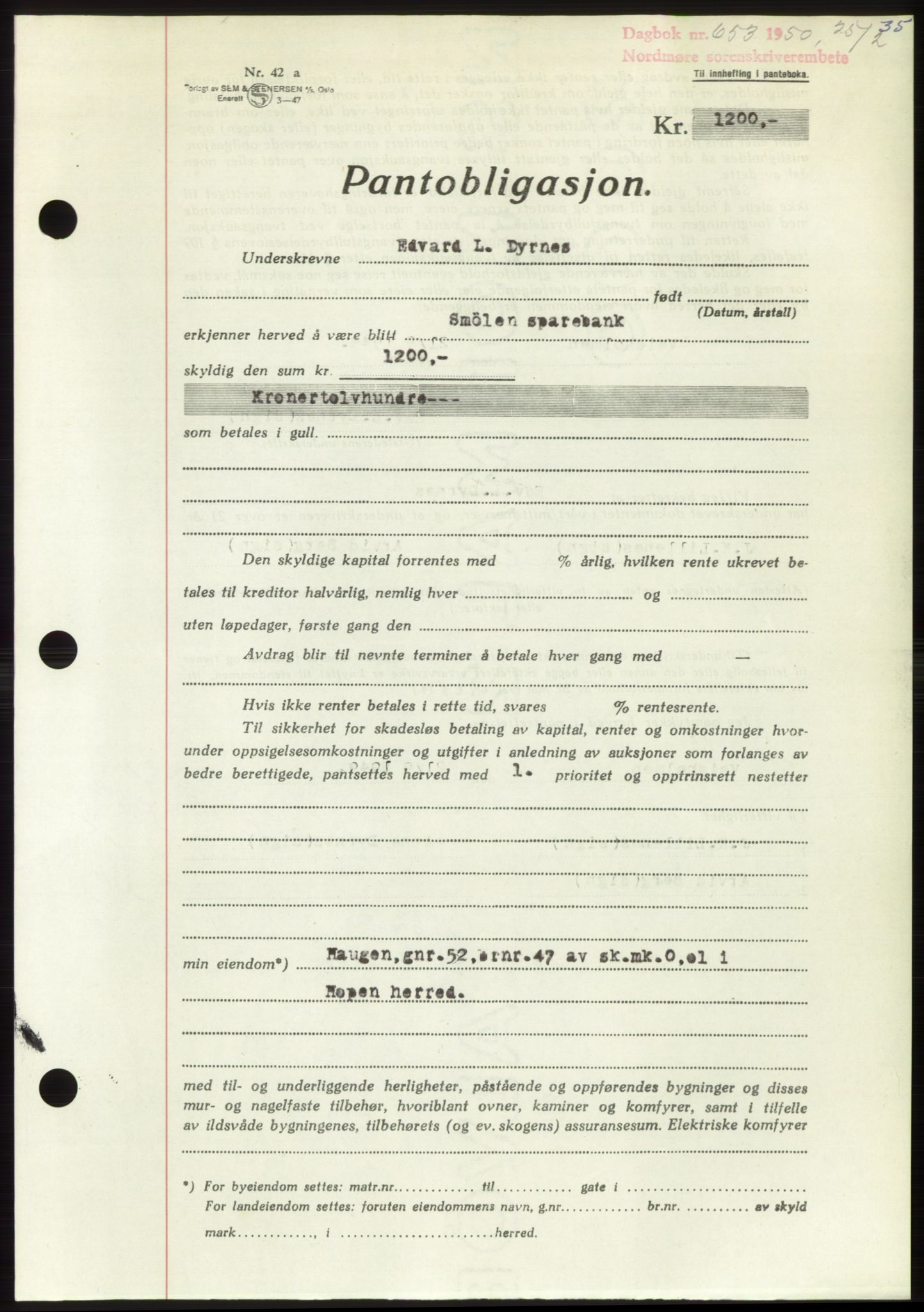 Nordmøre sorenskriveri, AV/SAT-A-4132/1/2/2Ca: Mortgage book no. B104, 1950-1950, Diary no: : 653/1950