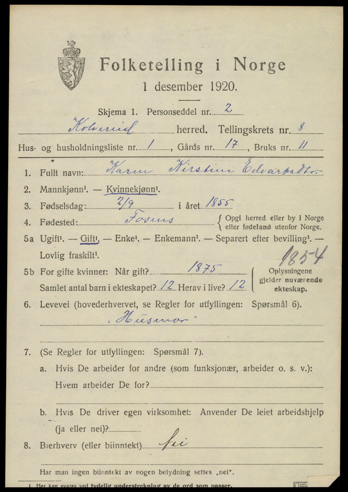 SAT, 1920 census for Kolvereid, 1920, p. 5093