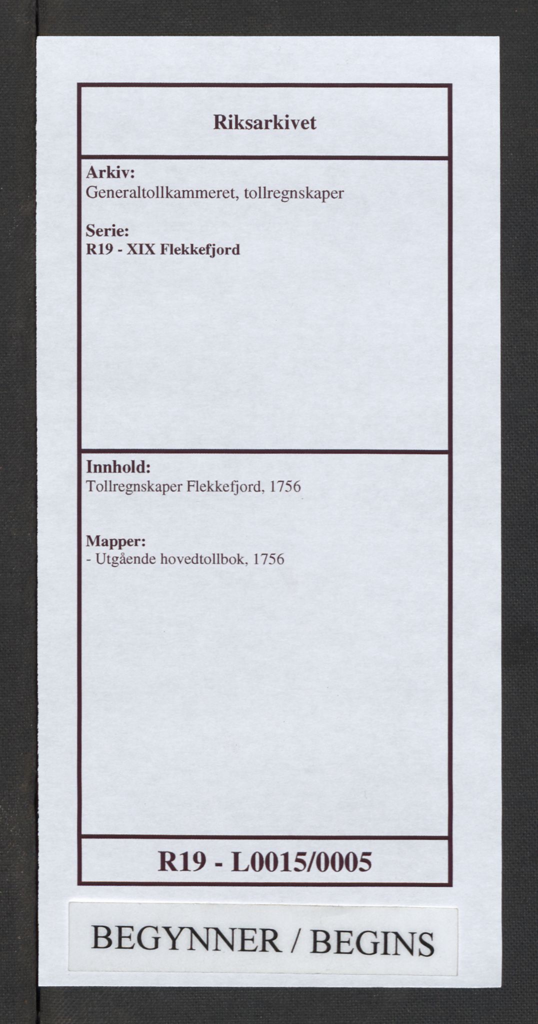 Generaltollkammeret, tollregnskaper, RA/EA-5490/R19/L0015/0005: Tollregnskaper Flekkefjord / Utgående hovedtollbok, 1756