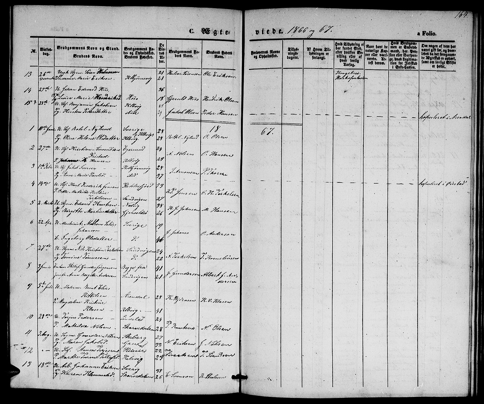 Hisøy sokneprestkontor, SAK/1111-0020/F/Fb/L0001: Parish register (copy) no. B 1, 1849-1872, p. 164