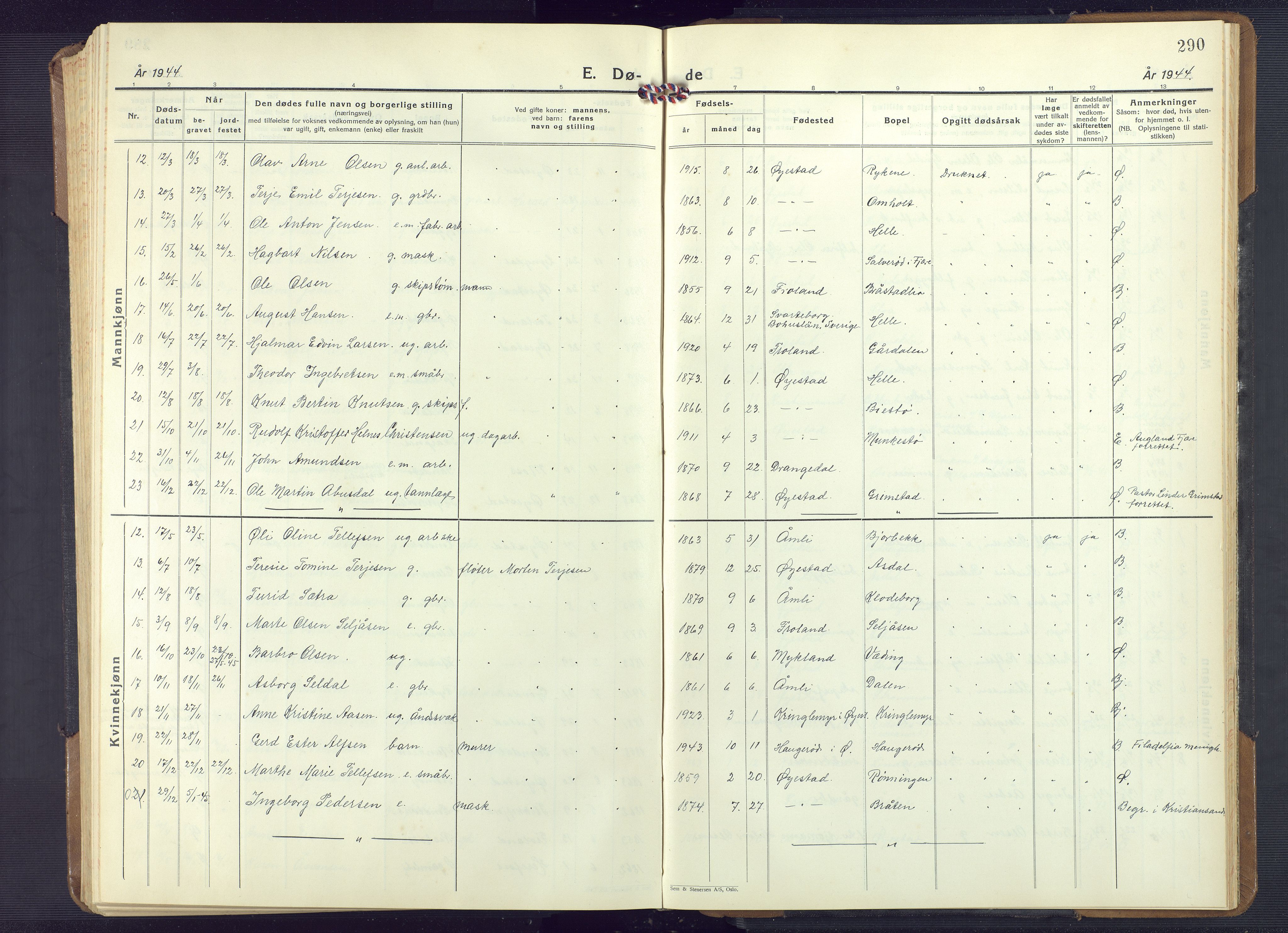 Øyestad sokneprestkontor, AV/SAK-1111-0049/F/Fb/L0013: Parish register (copy) no. B 13, 1933-1945, p. 290