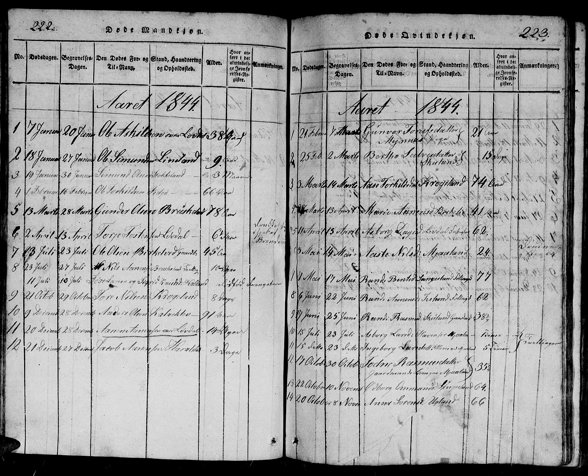 Holum sokneprestkontor, SAK/1111-0022/F/Fb/Fbb/L0001: Parish register (copy) no. B 1, 1820-1847, p. 222-223